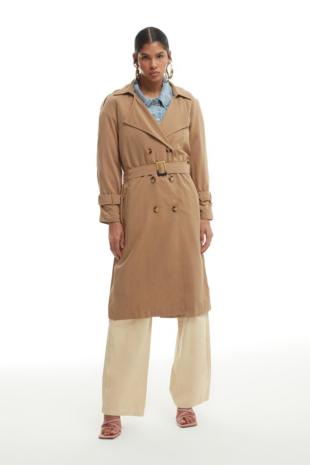 Kemerli Apoletli Trençkot Bej