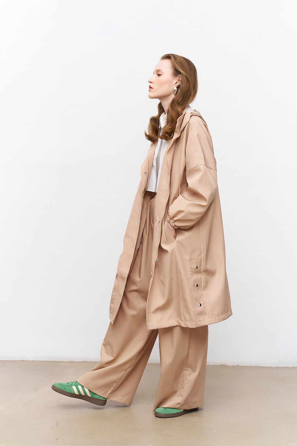 Oversize Hooded Trench Coat Beige