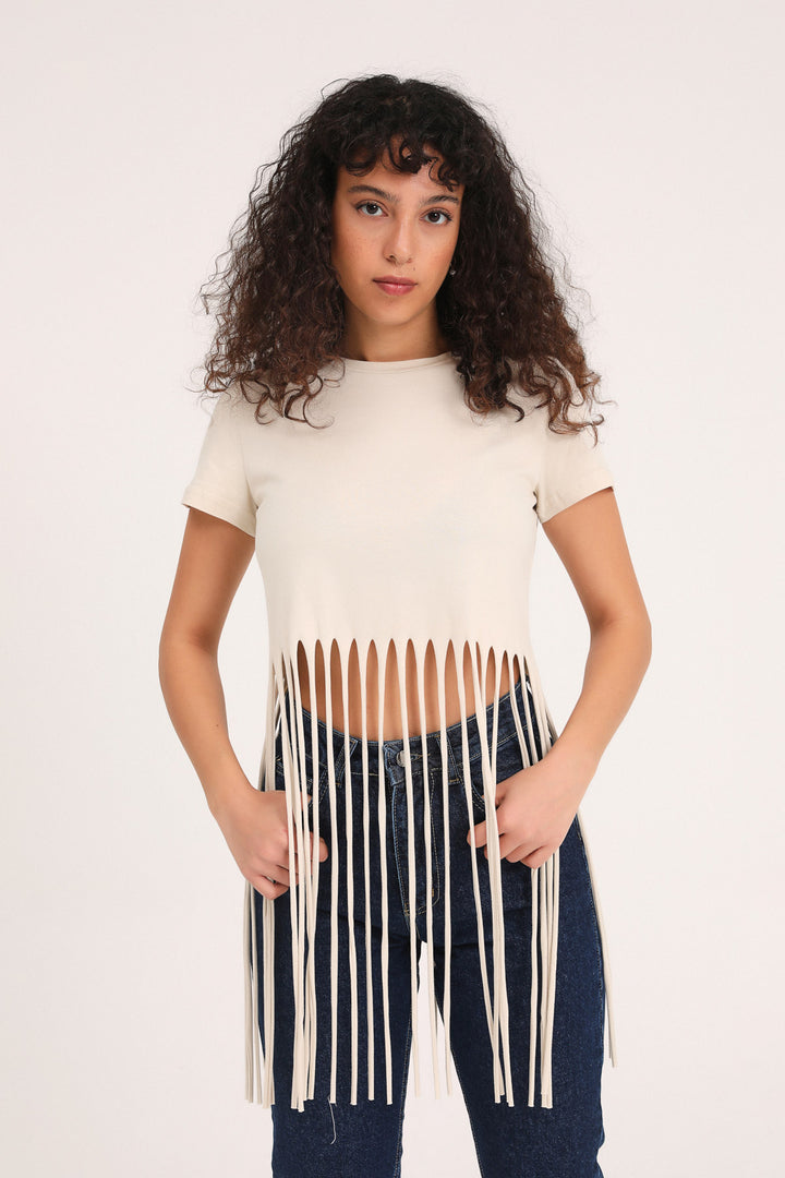 Ucu Püsküllü Tişört Bej