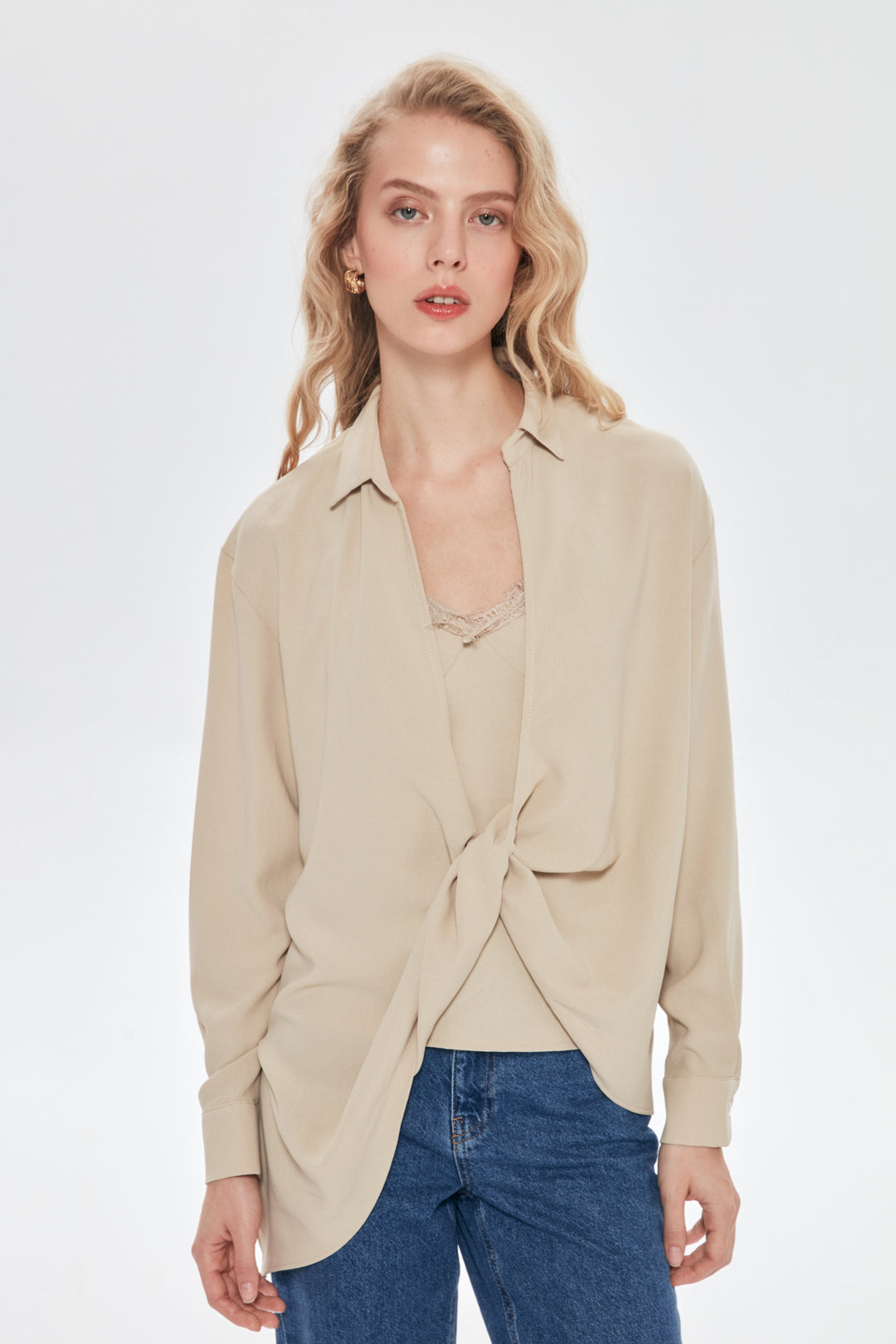 Undershirt Tie Detailed Shirt Beige