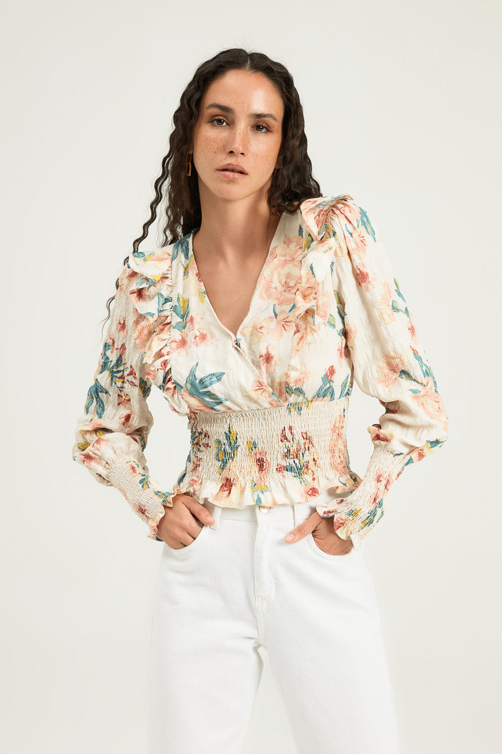 Floral Frilled Double Breasted Blouse Ecru