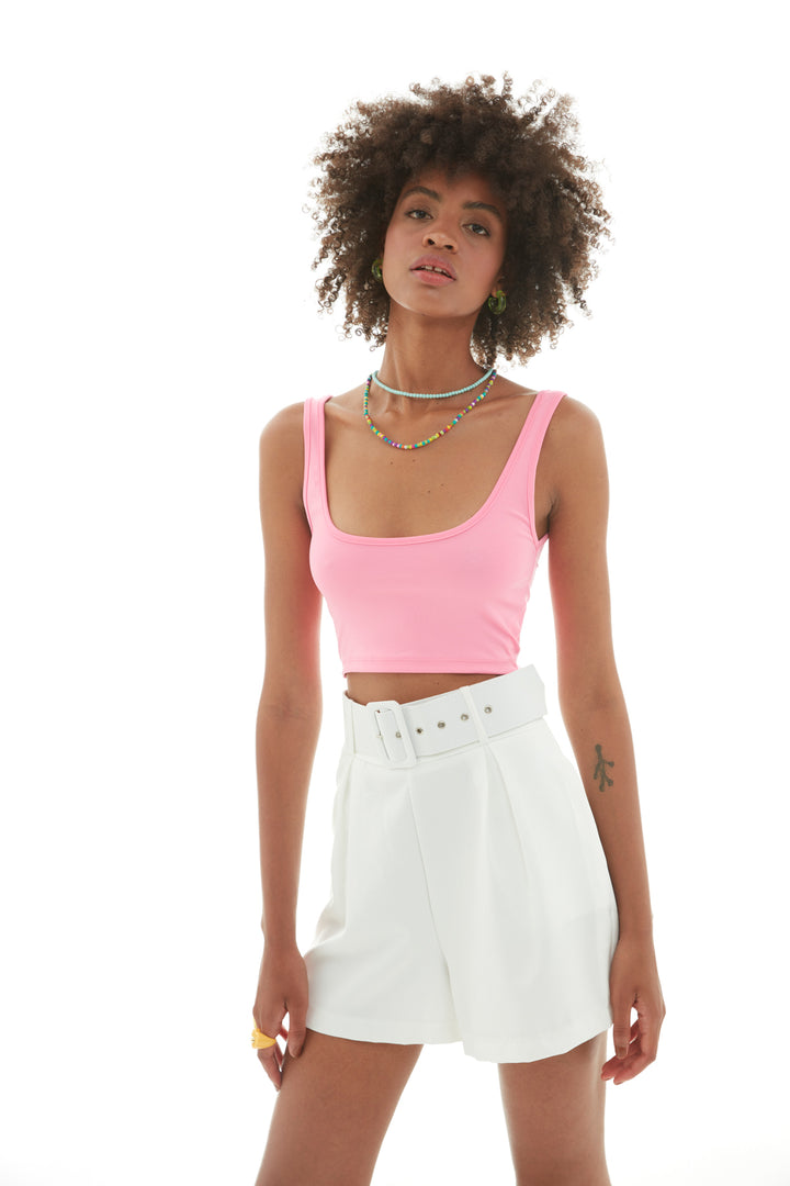 Kalın Askılı Crop Büstiyer Şeker Pembe