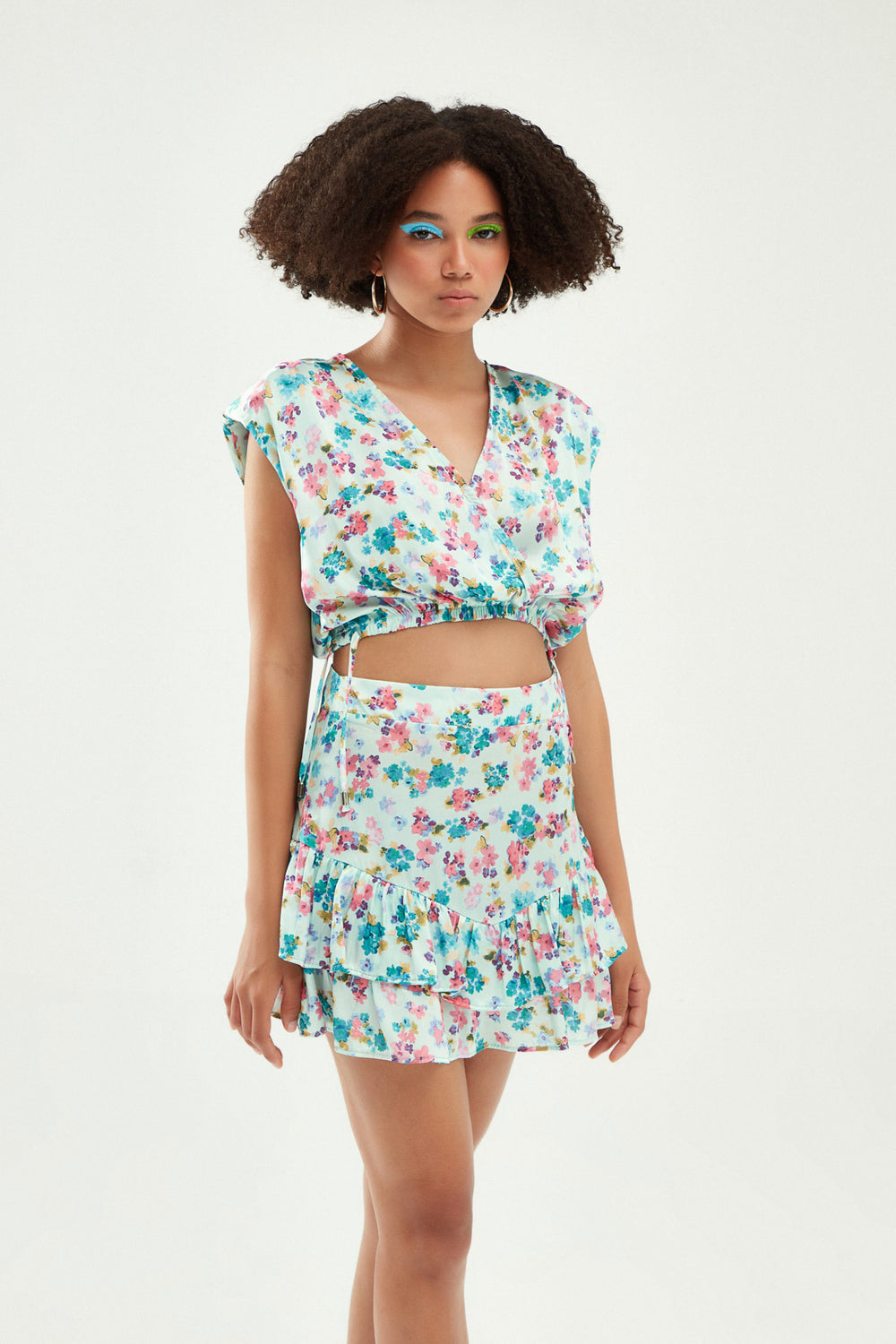 Floral Waistband Crop Satin Blouse Mint