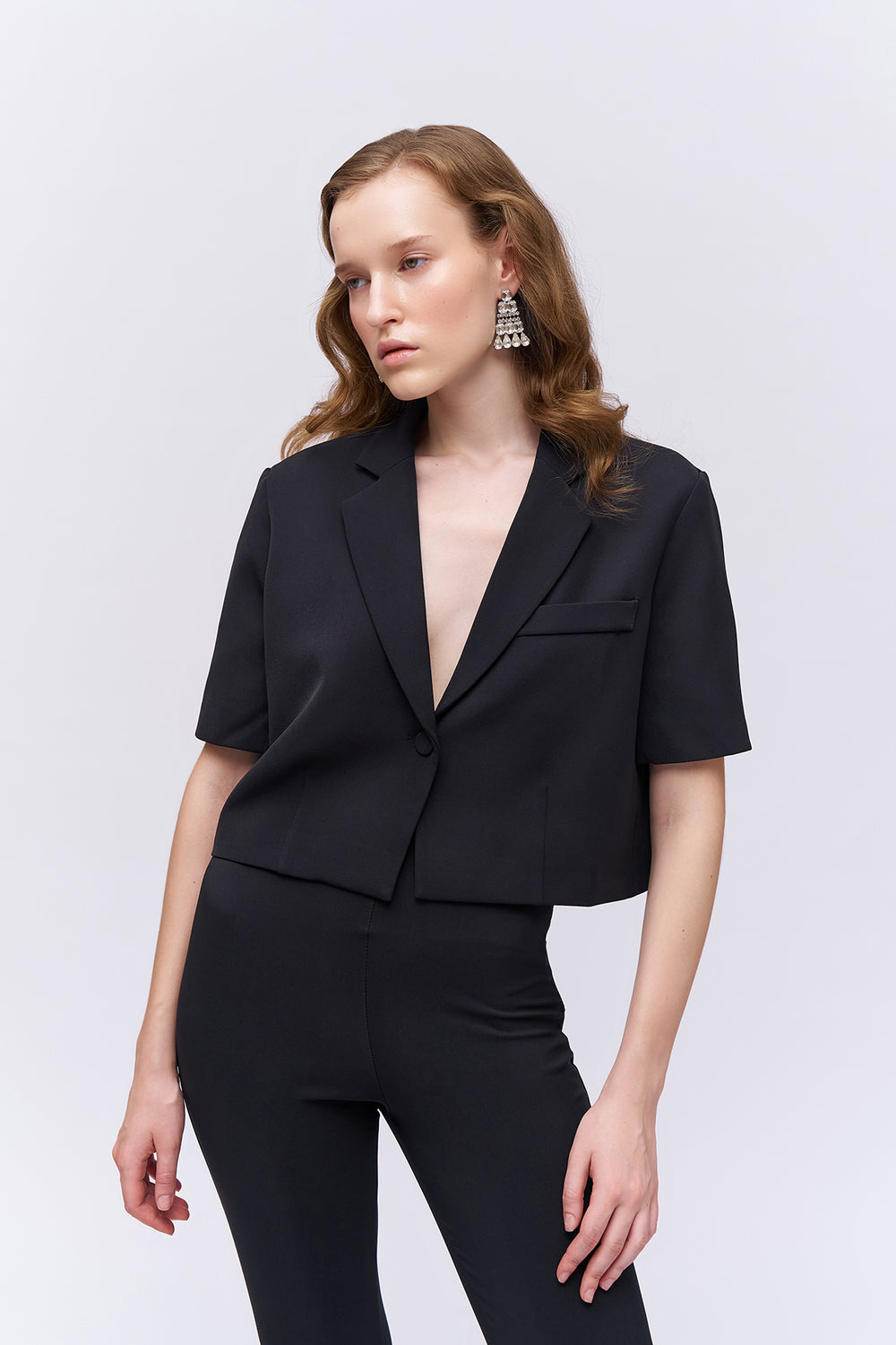 Short Sleeve Crop Blazer Jacket Black