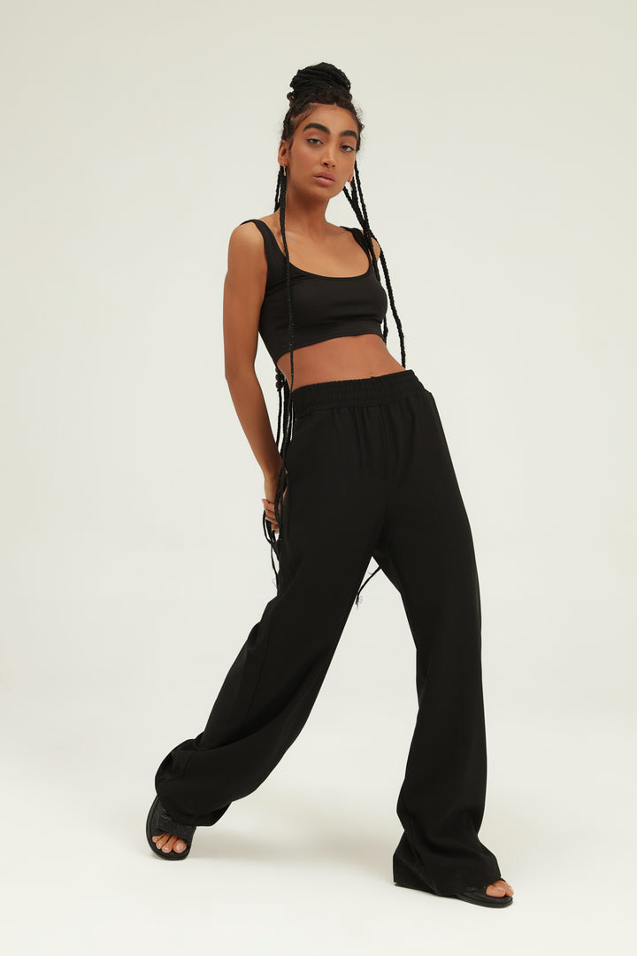 Elastic Waist Wide Leg Trousers Black