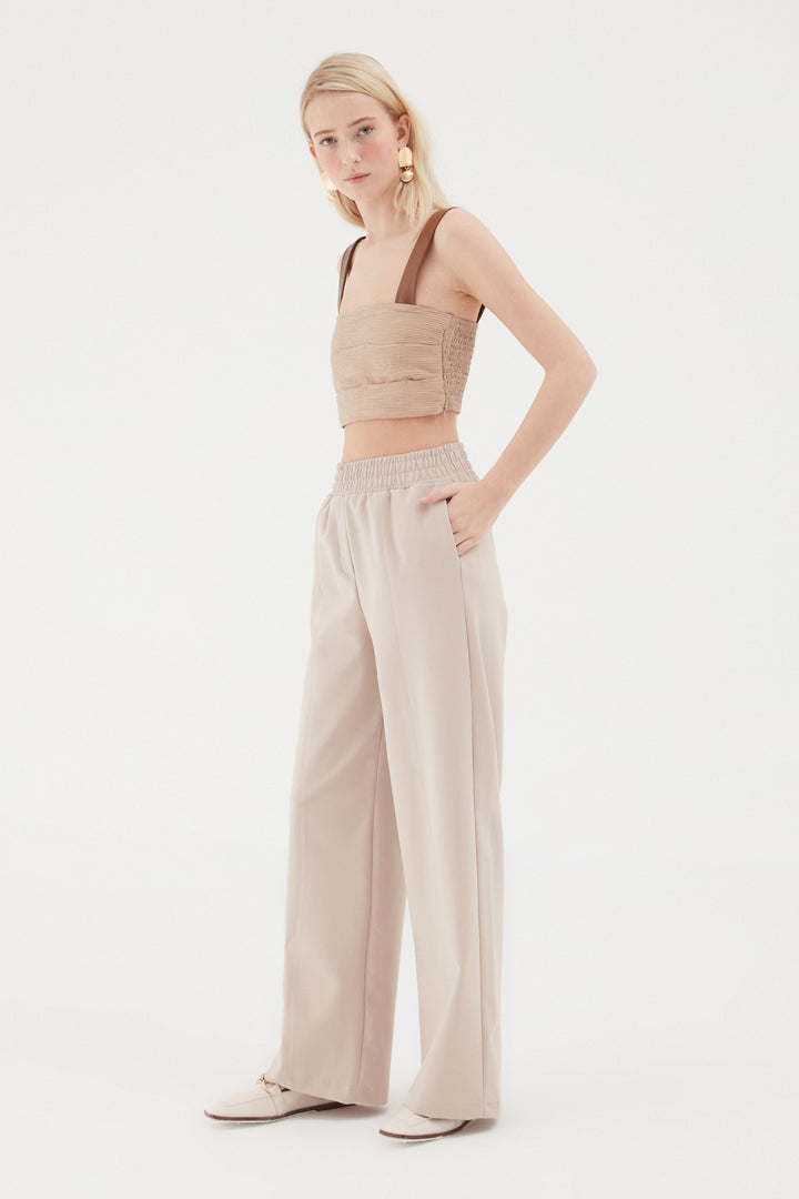 Elastic Waist Wide Leg Trousers Stone