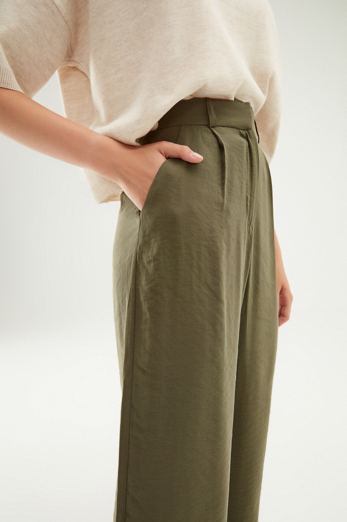 Yüksel Waist Wide Leg Trousers Khaki