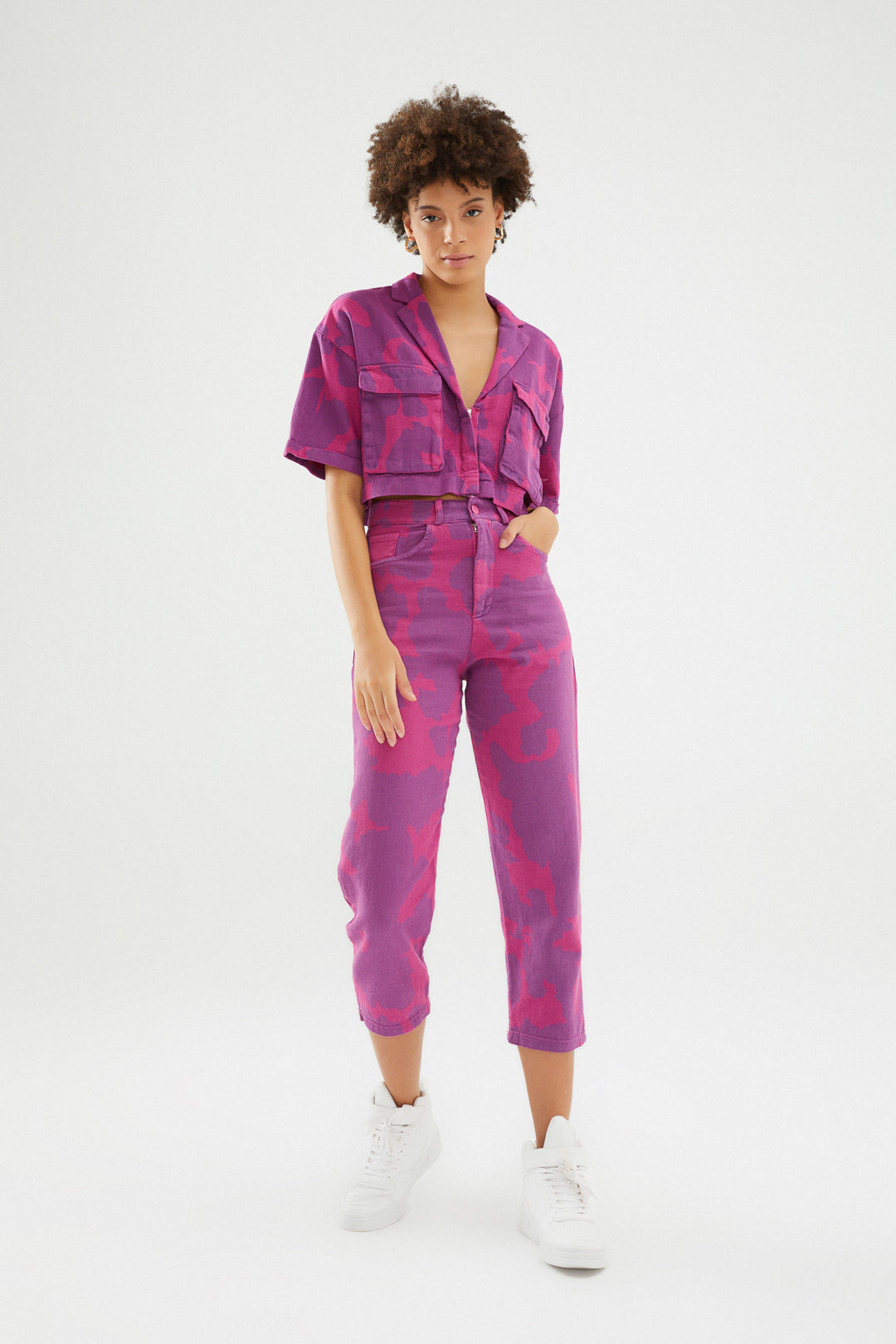 Desenli Gabardin Mom Pantolon Orkide