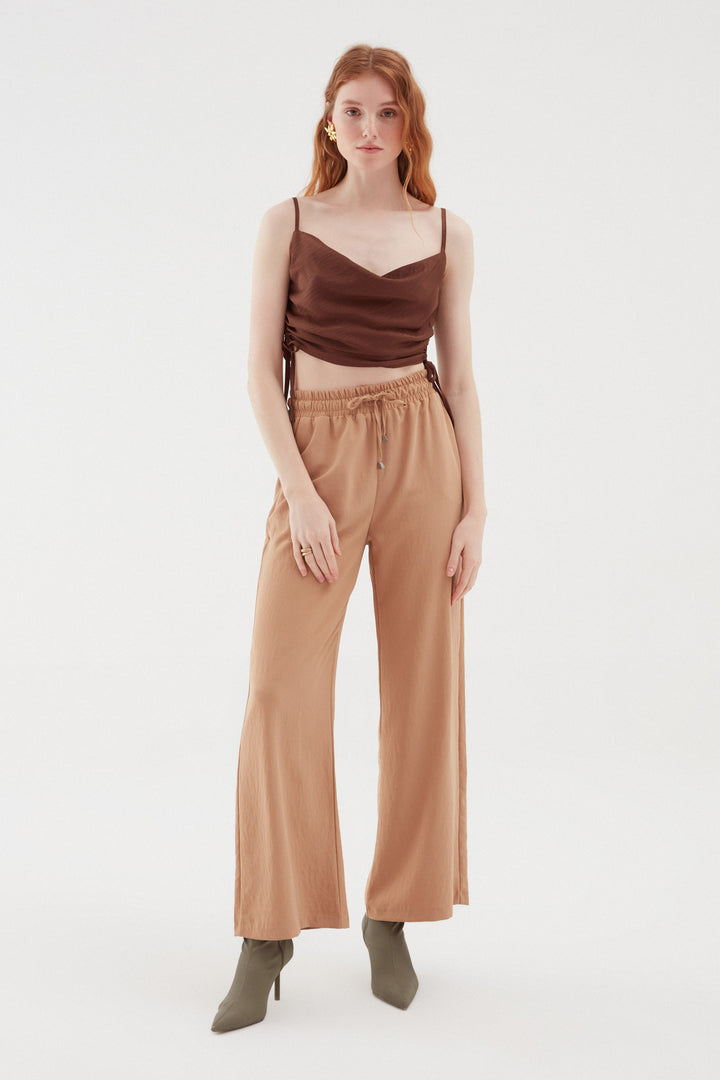 Elastic Waist Wide Leg Trousers Beige