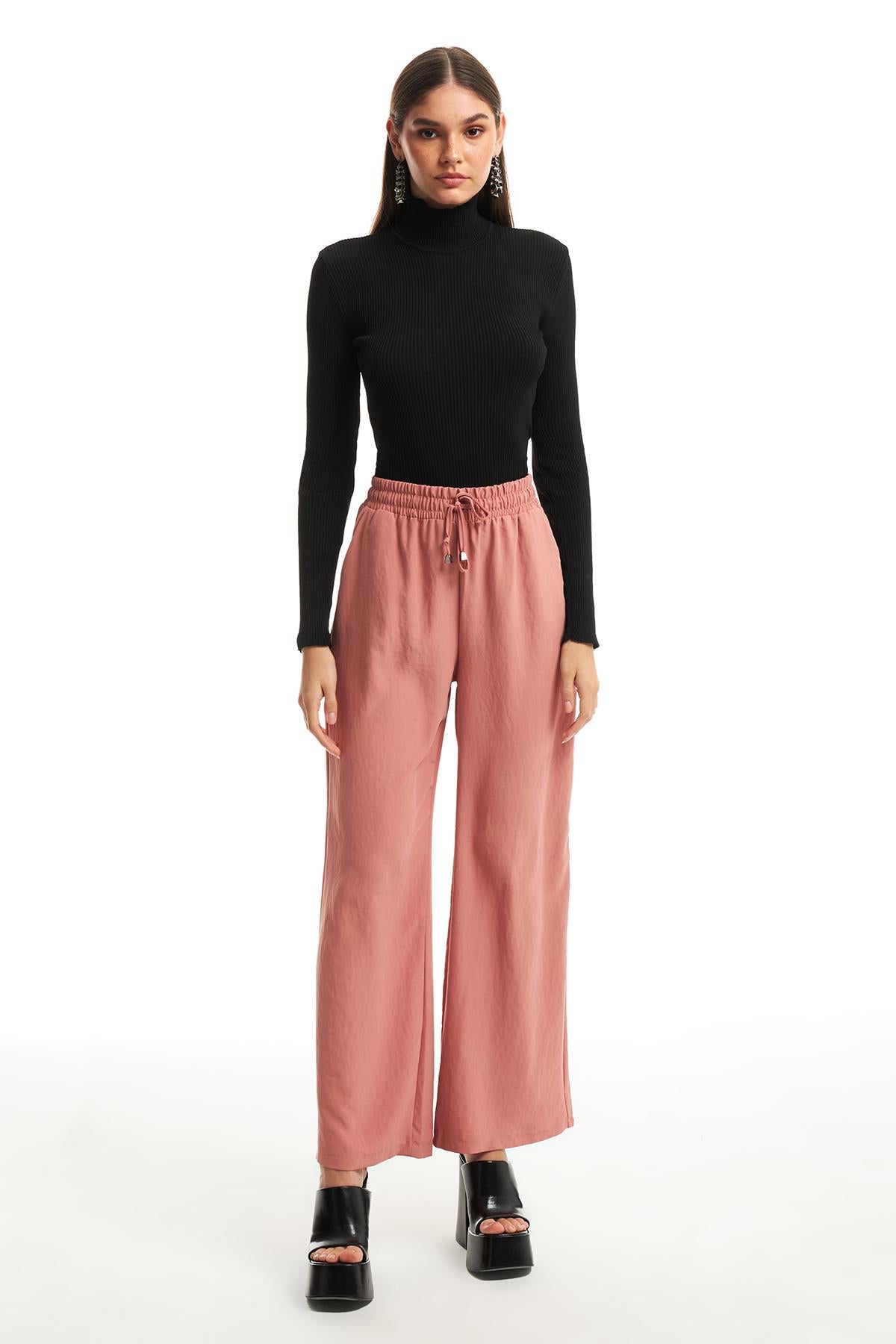 Elastic Waist Wide Leg Trousers Powder