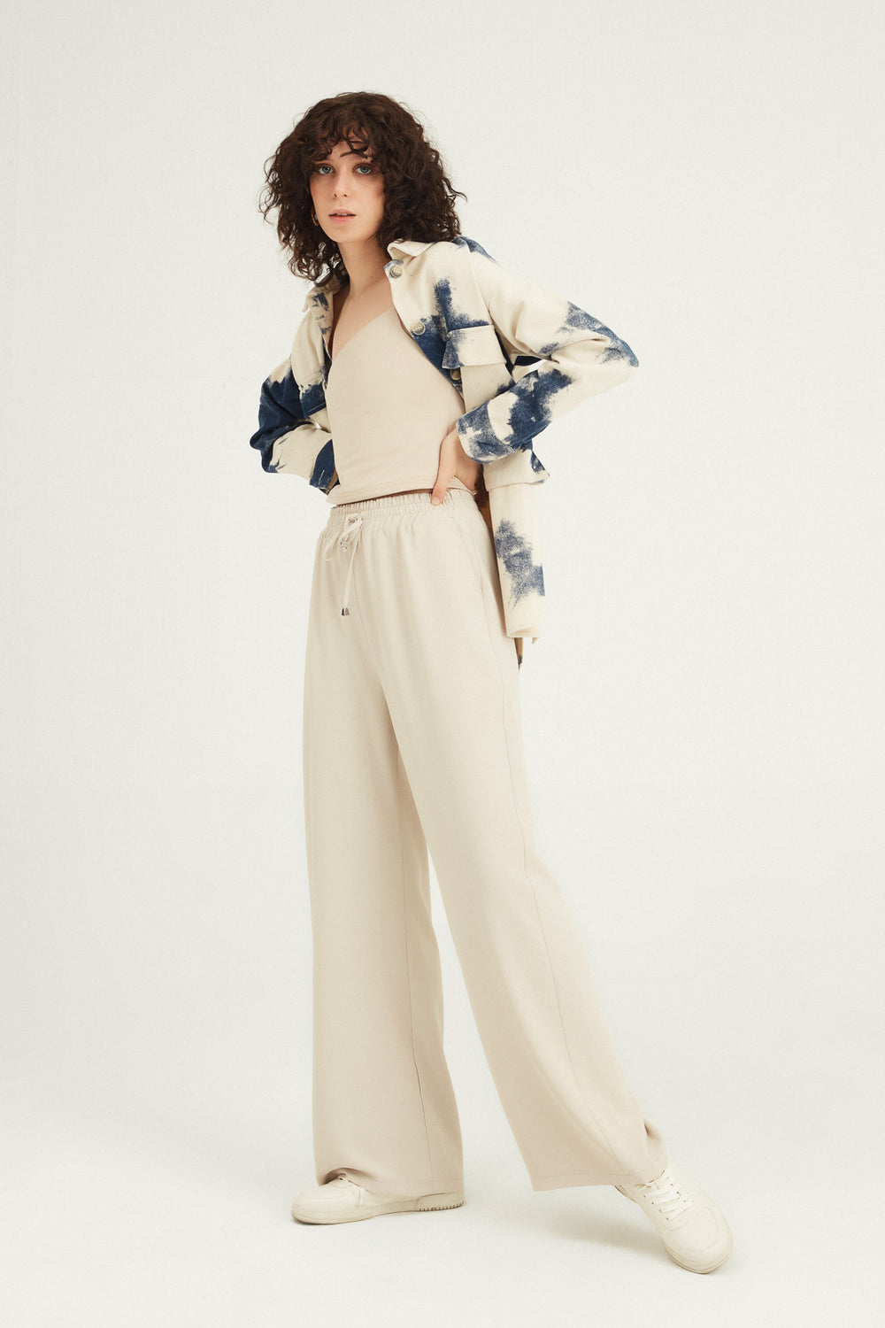 Elastic Waist Wide Leg Trousers Stone