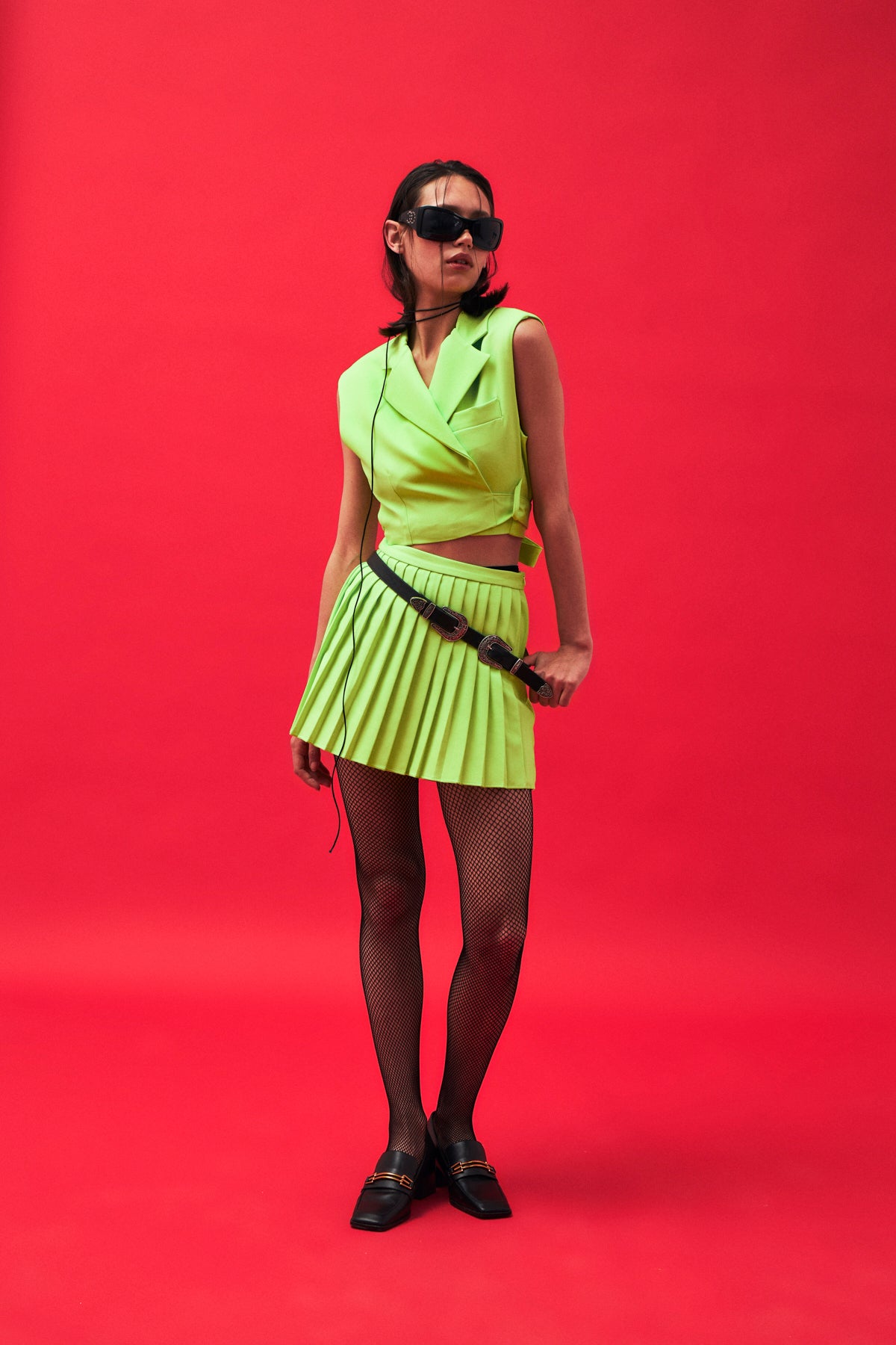 Pleated Short Skirt Neon Green