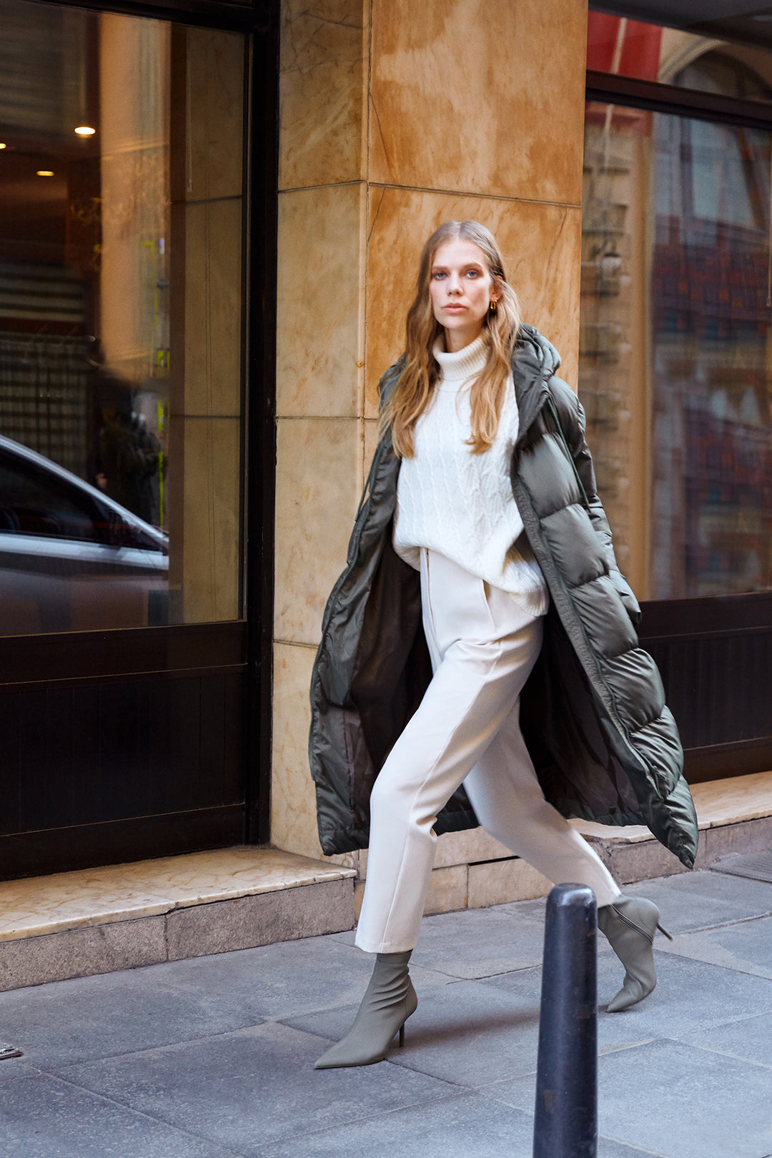 Hooded Long Inflatable Coat Khaki