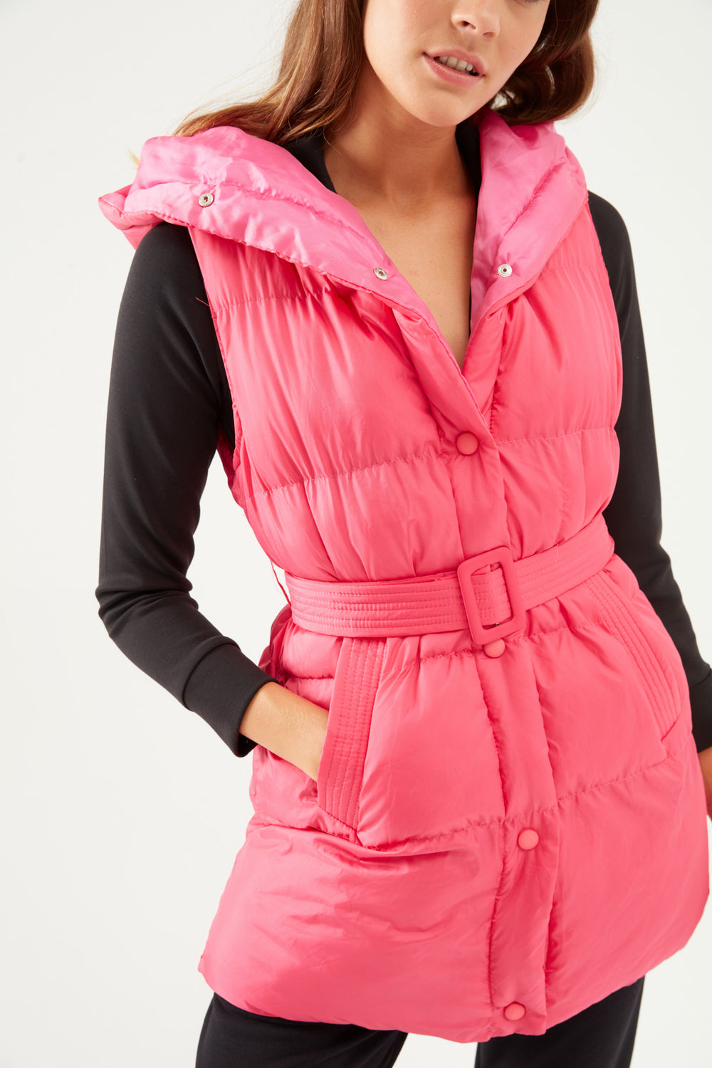 Hooded Belted Inflatable Vest Fuchsia