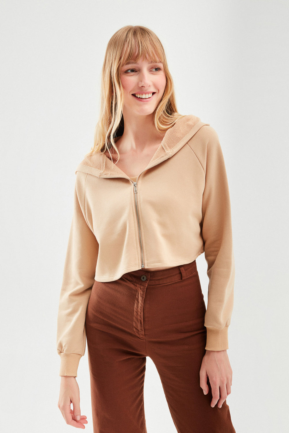 Zippered Crop Sweatshirt Dark Beige