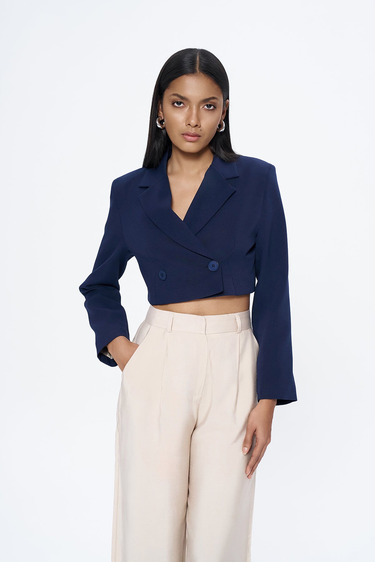 Double Breasted Crop Blazer Jacket Navy – QUZU