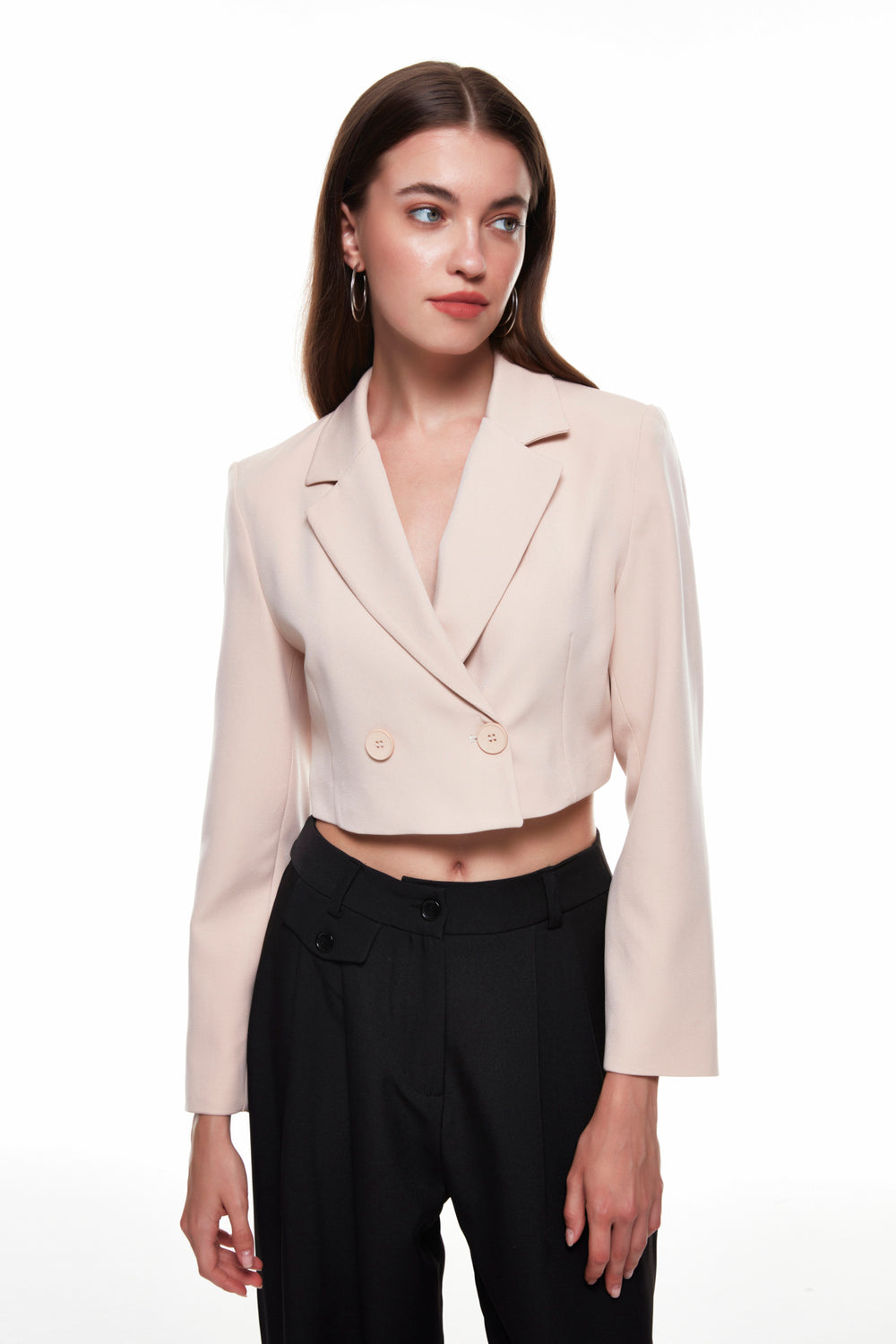 Double Breasted Crop Blazer Jacket Beige