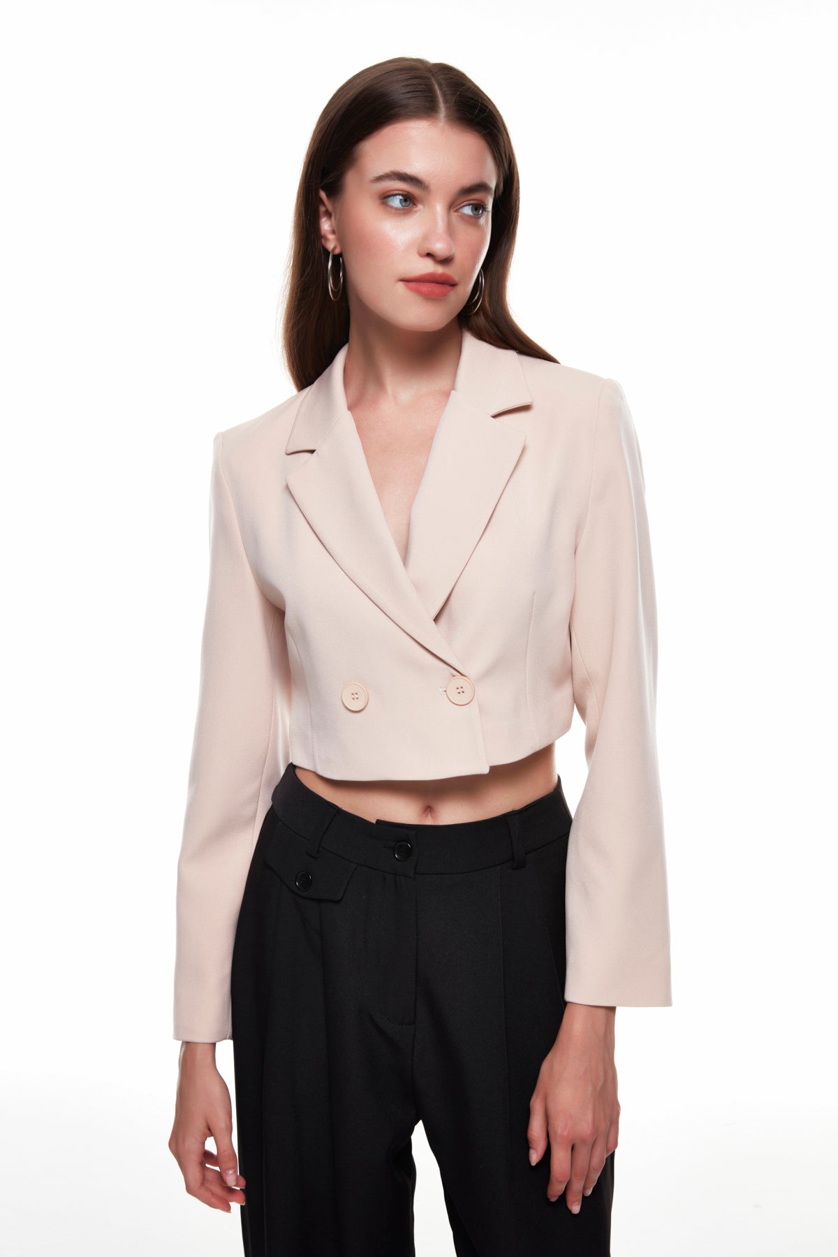 Kruvaze Crop Blazer Ceket Bej