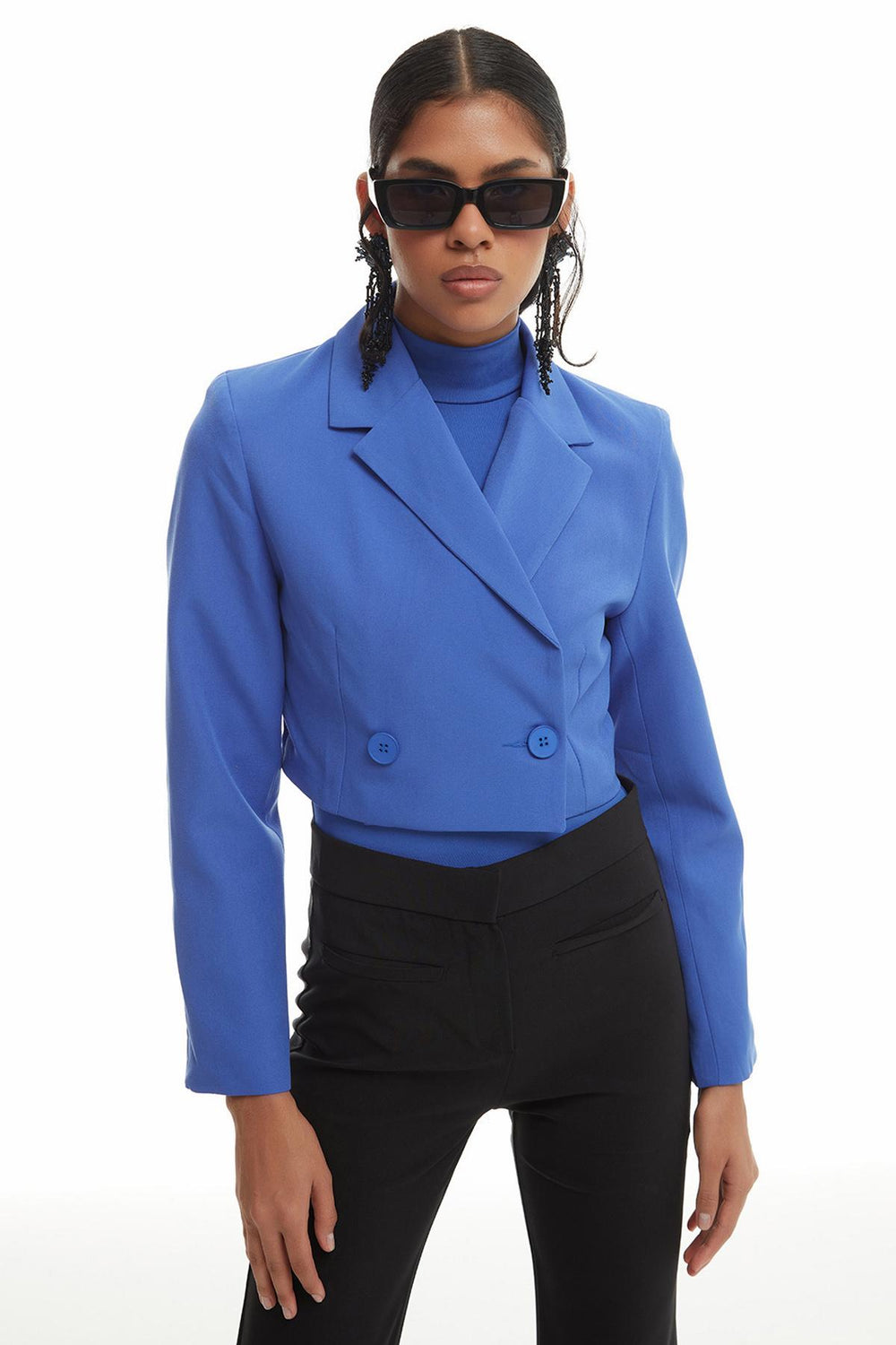 Double Breasted Crop Blazer Jacket Dark Blue