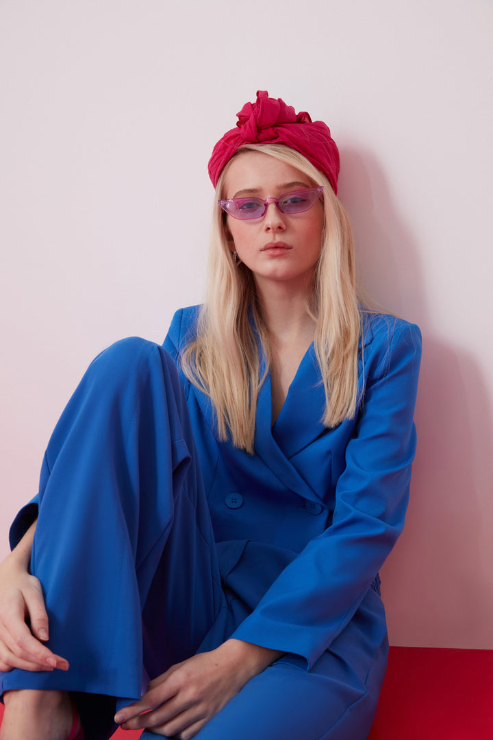 Kruvaze Crop Blazer Ceket Sax