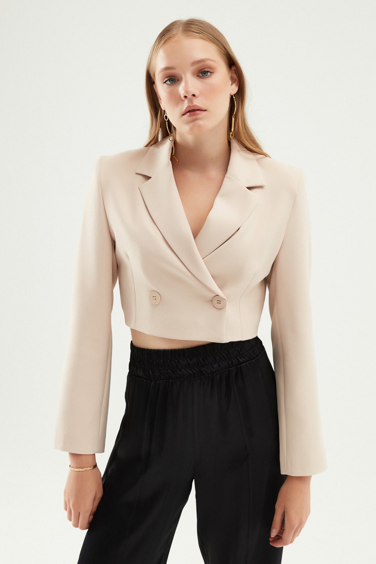 Double Breasted Crop Blazer Jacket Stone