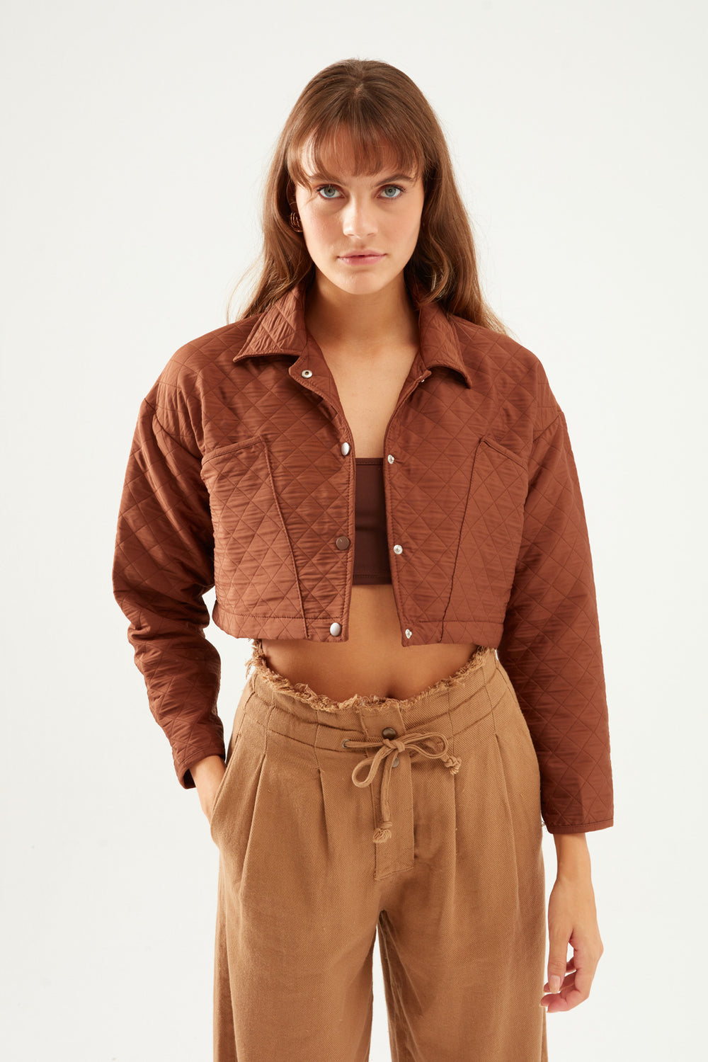 Quilted Crop Jacket Brown