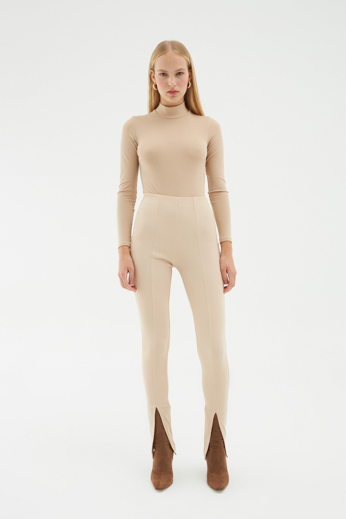 Elastic Waist Slit Trousers Beige