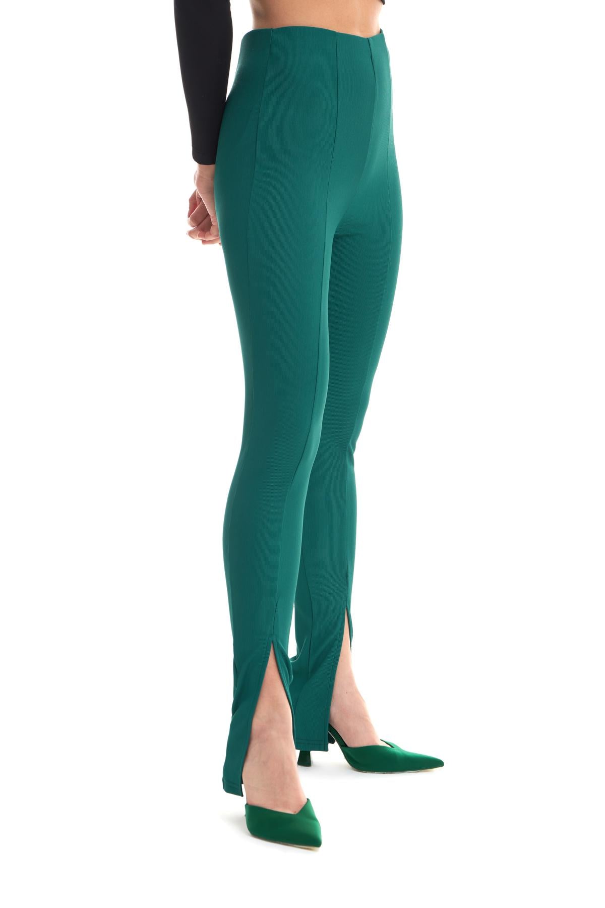 Elastic Waist Slit Trousers Dark Green