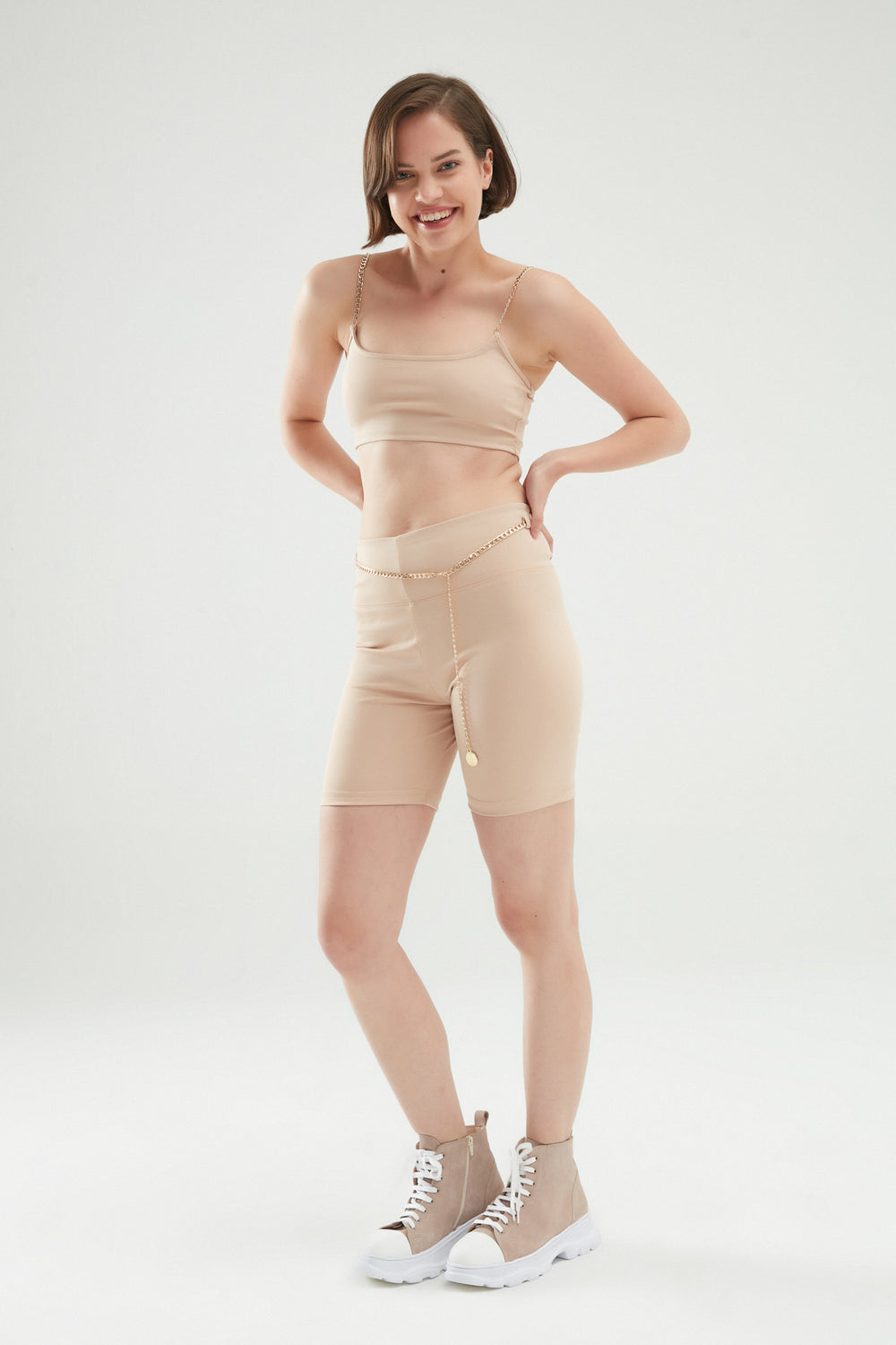 Chain Belt Biker Leggings Beige