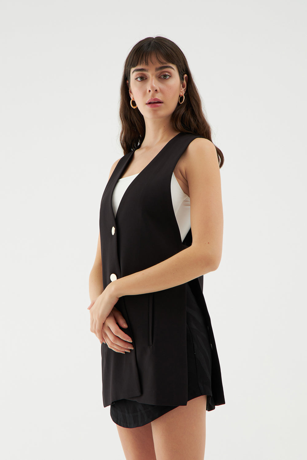 Open Side Buttoned Vest Jacket Black