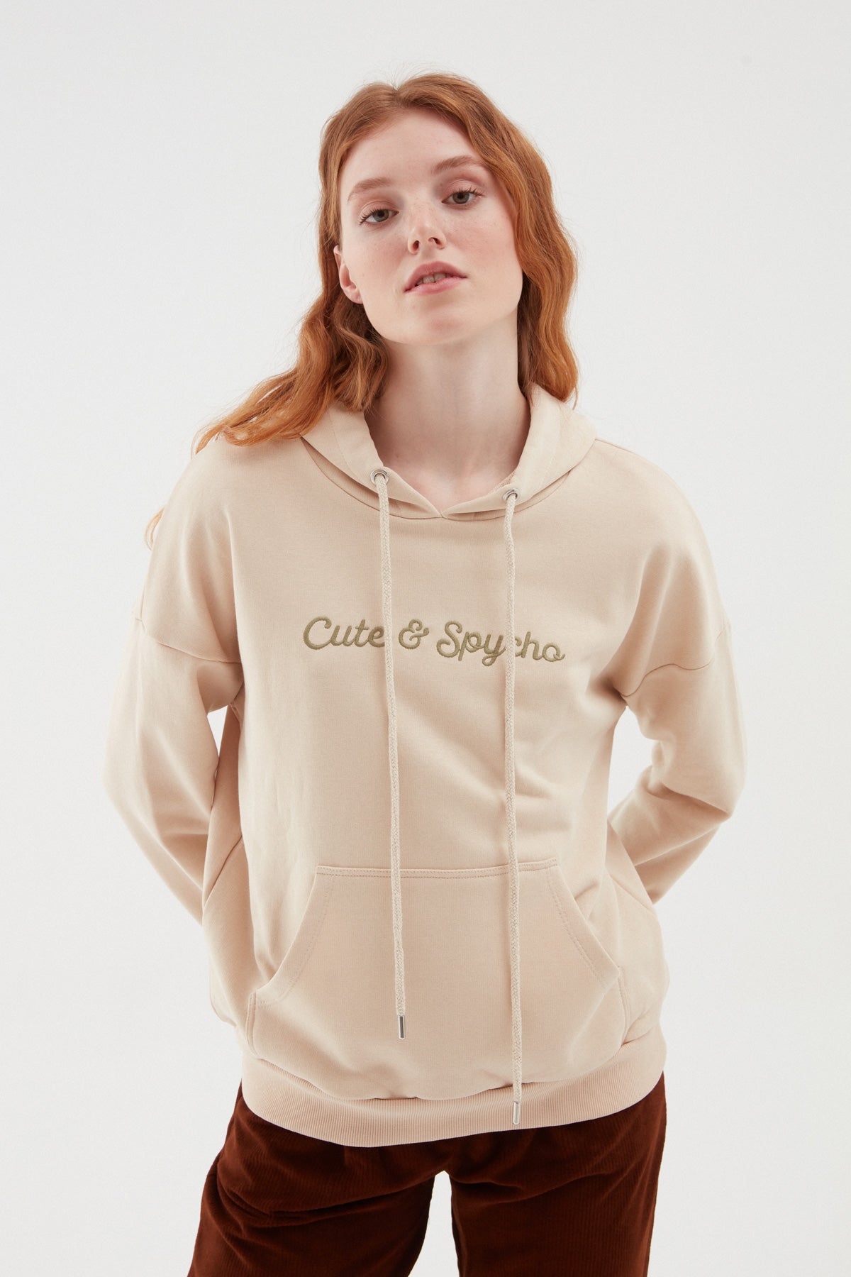 Back Printed Hoodie Sweatshirt Beige