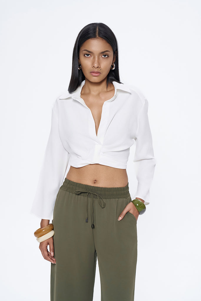 Beli Lastikli Crop Gömlek Beyaz