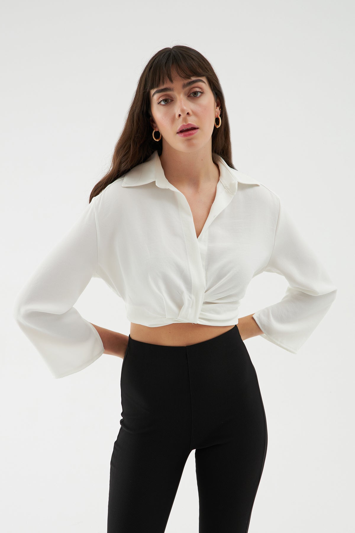 Elastic Waist Crop Shirt White