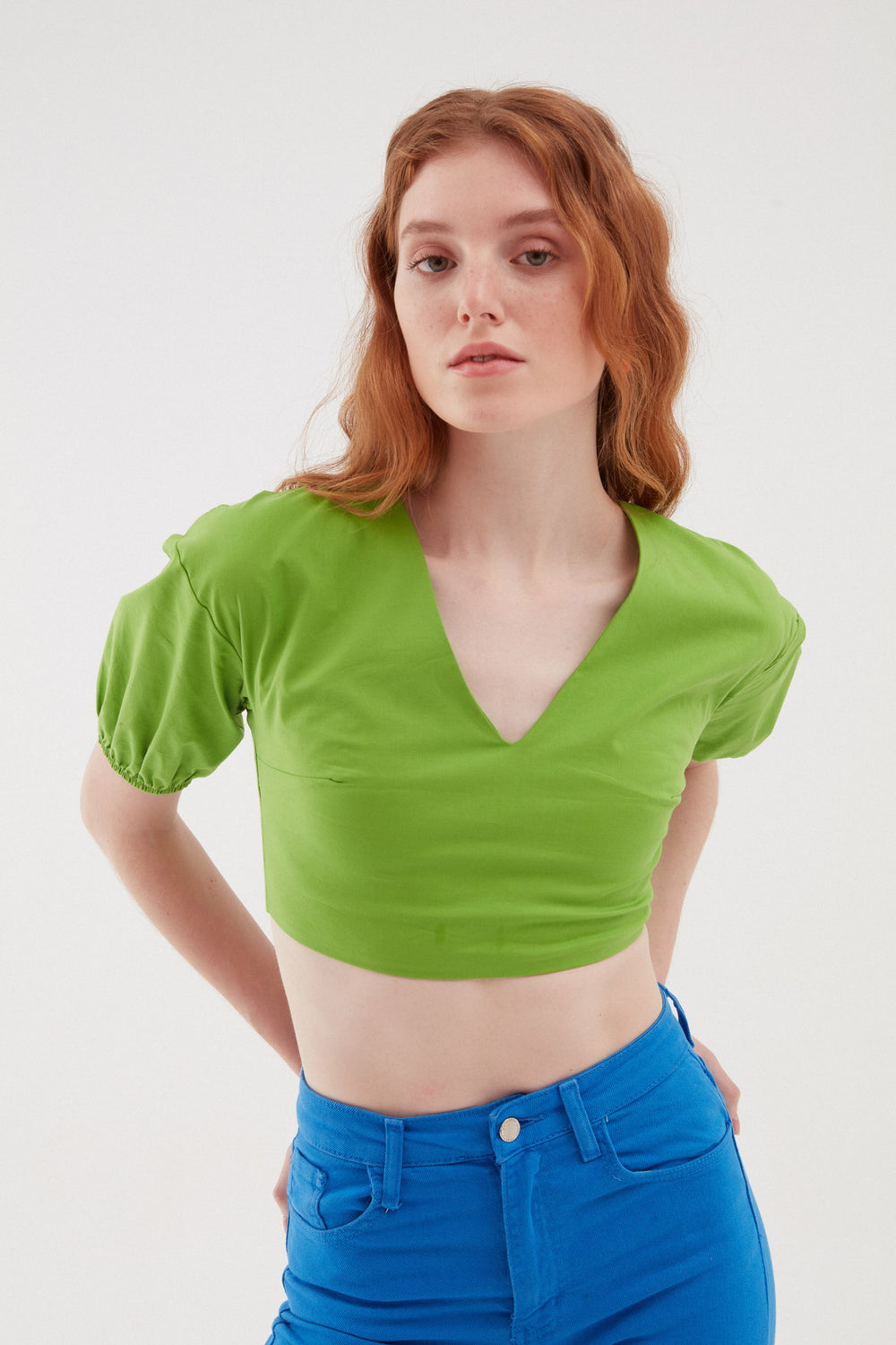Balloon Sleeve Low Back Blouse Green