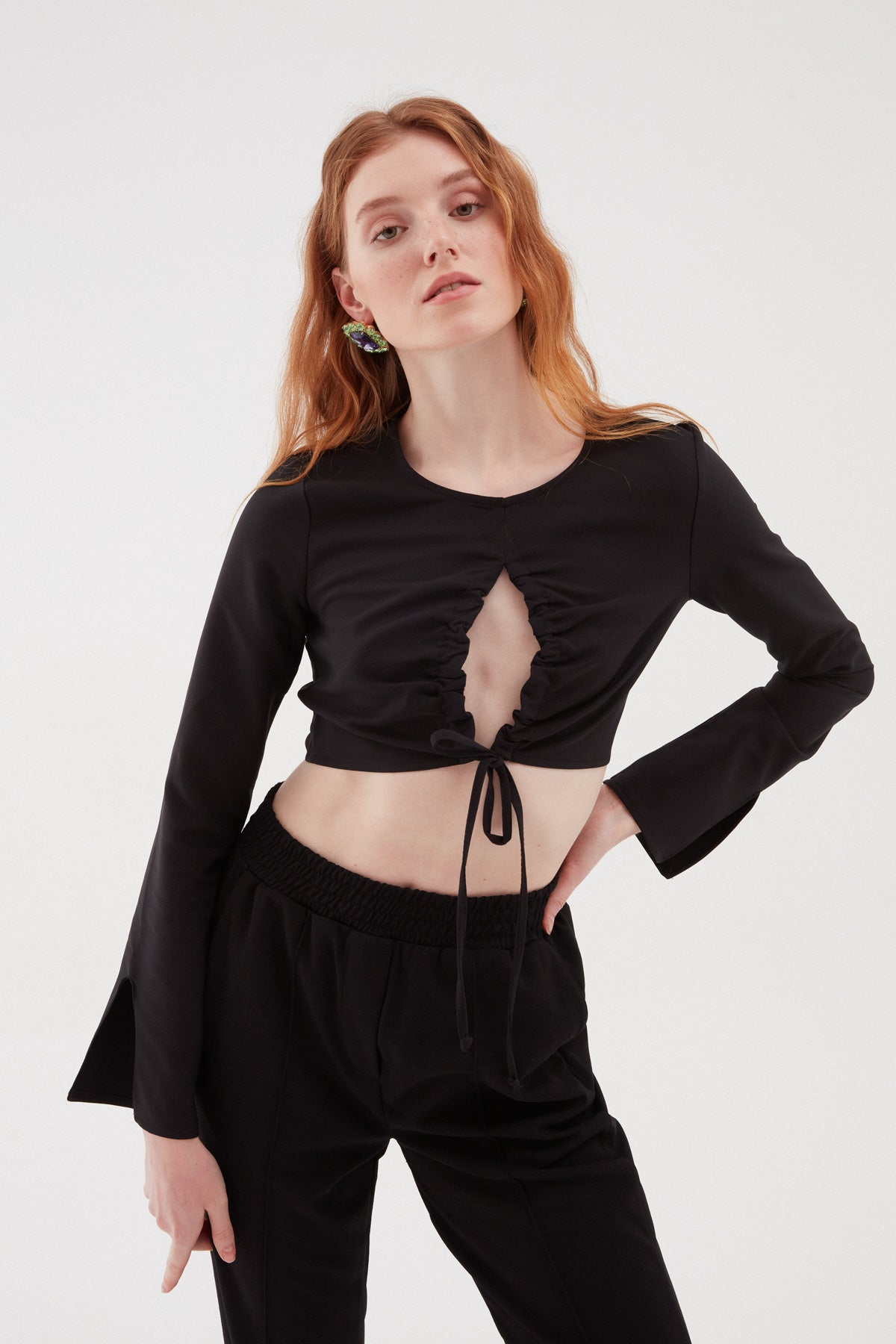 Pleated Crop Blouse Black