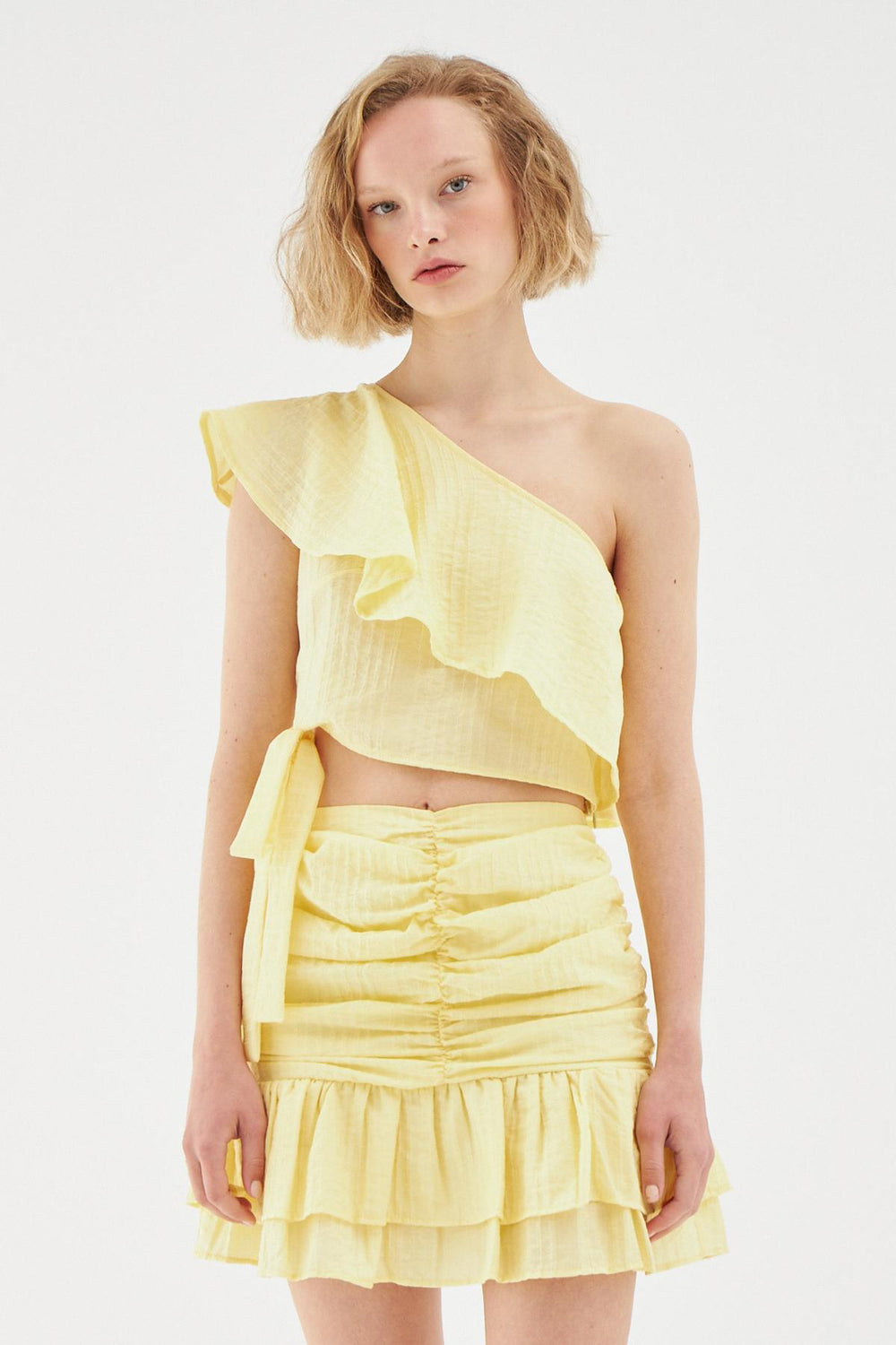 One Shoulder Tie Blouse Yellow