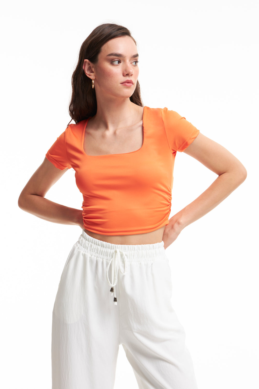 Crop Square Collar Blouse Orange