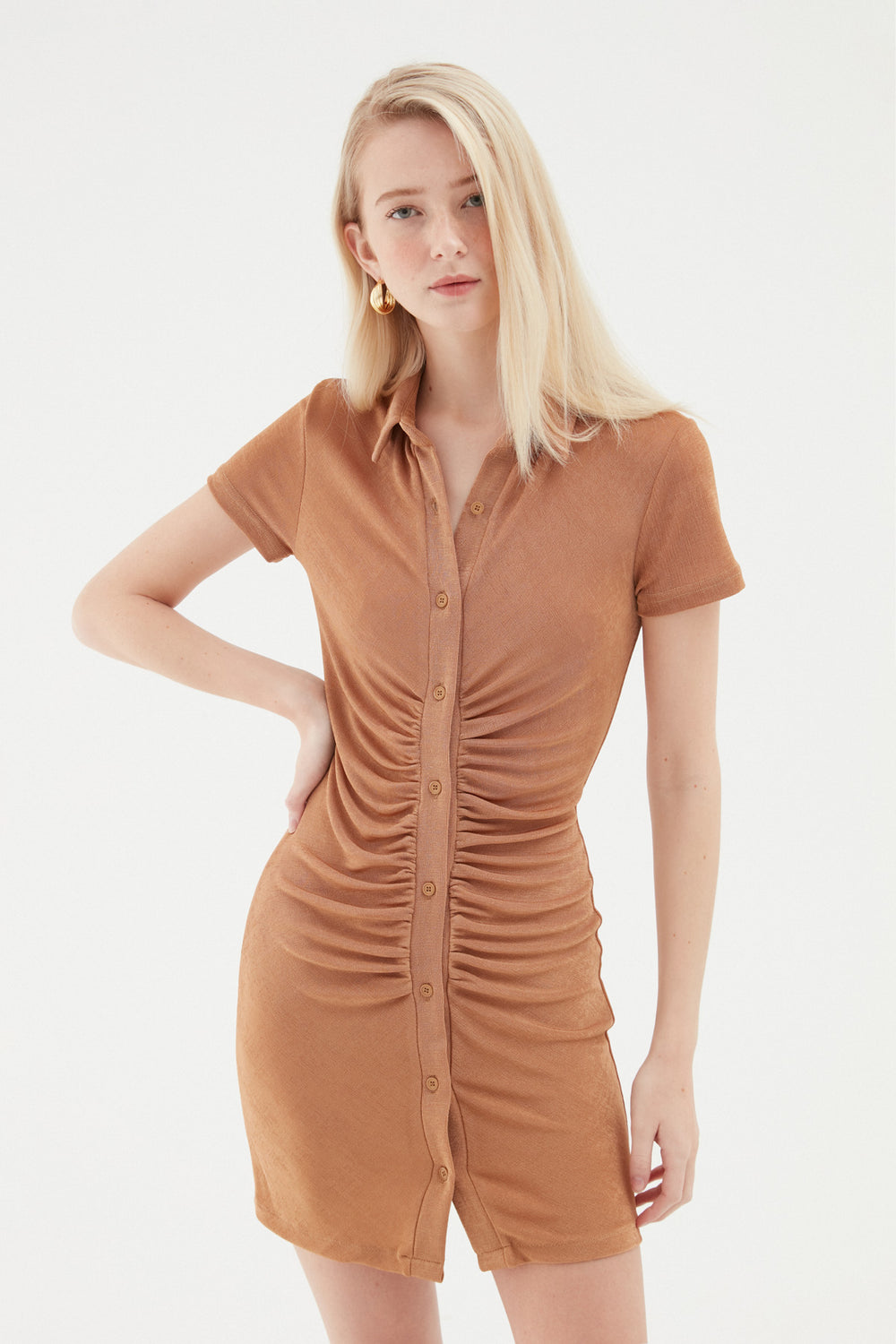 Buttoned Pleated Dress Camel