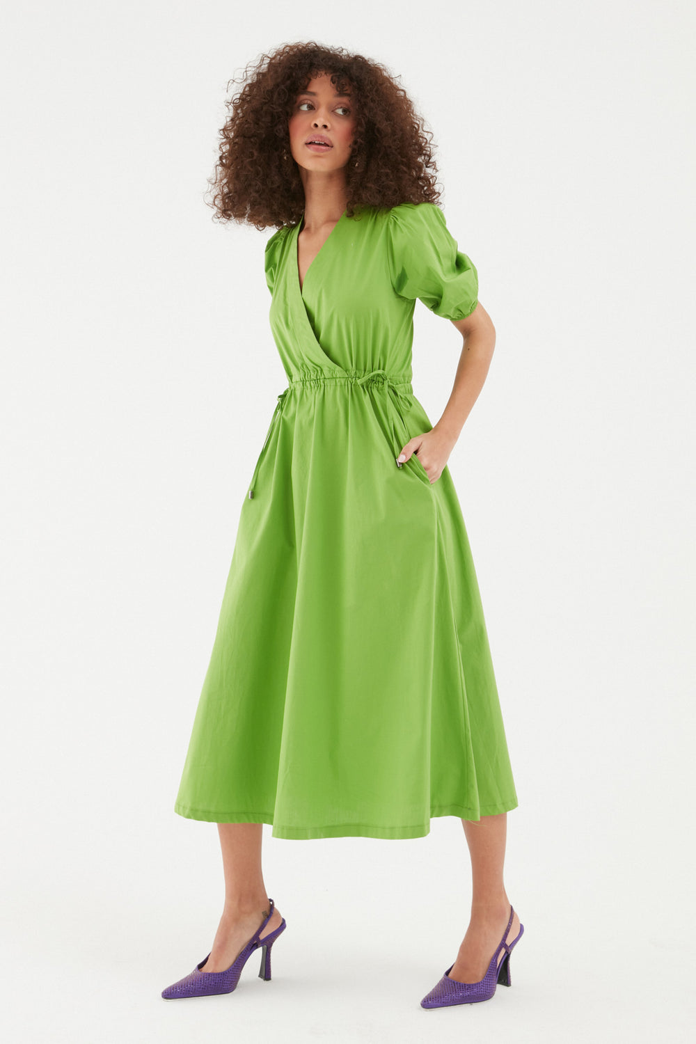 Balloon Sleeve Backless Midi Length Dress Green