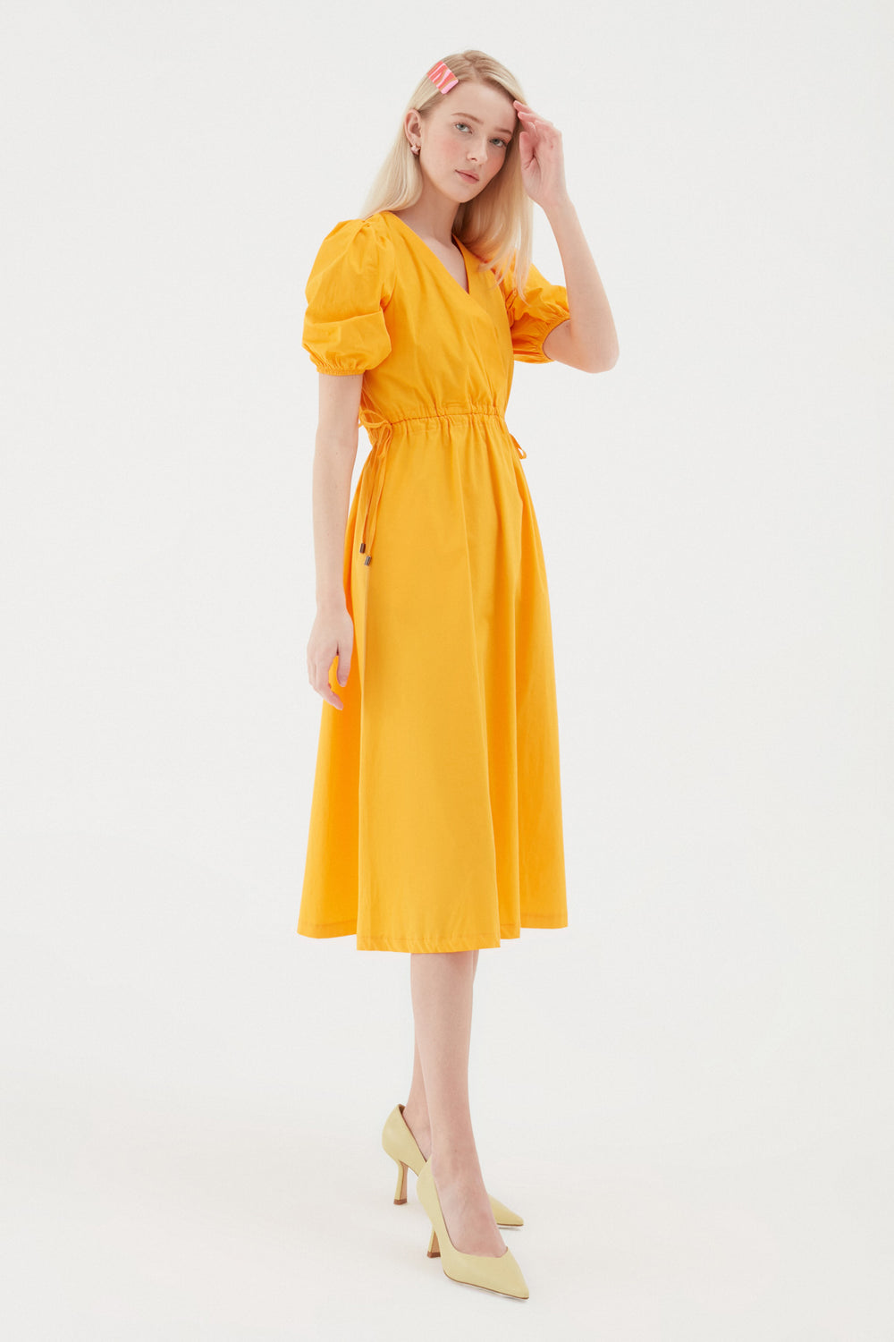 Balloon Sleeve Low-Cut Back Midi Length Dress Orange