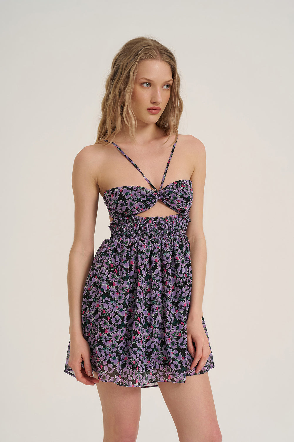 Halter Neck Floral Mini Dress Purple