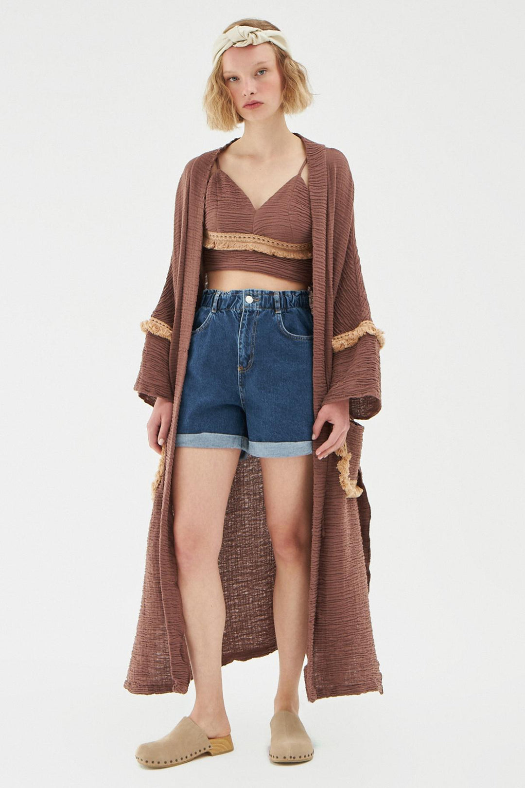 Nakışlı Püsküllü Uzun Kimono Kahverengi