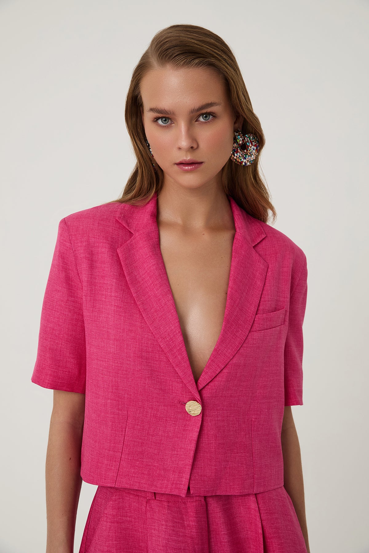 Vatkalı Crop Blazer Ceket Pembe