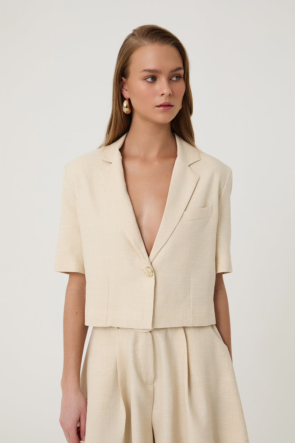 Vatkalı Crop Blazer Ceket Naturel