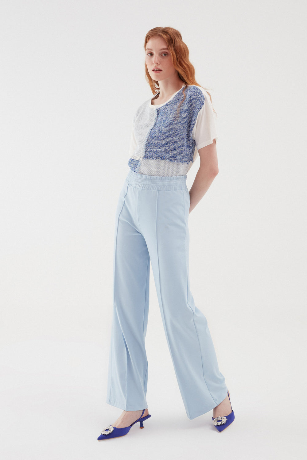 Elastic Waist Wide Trousers Baby Blue