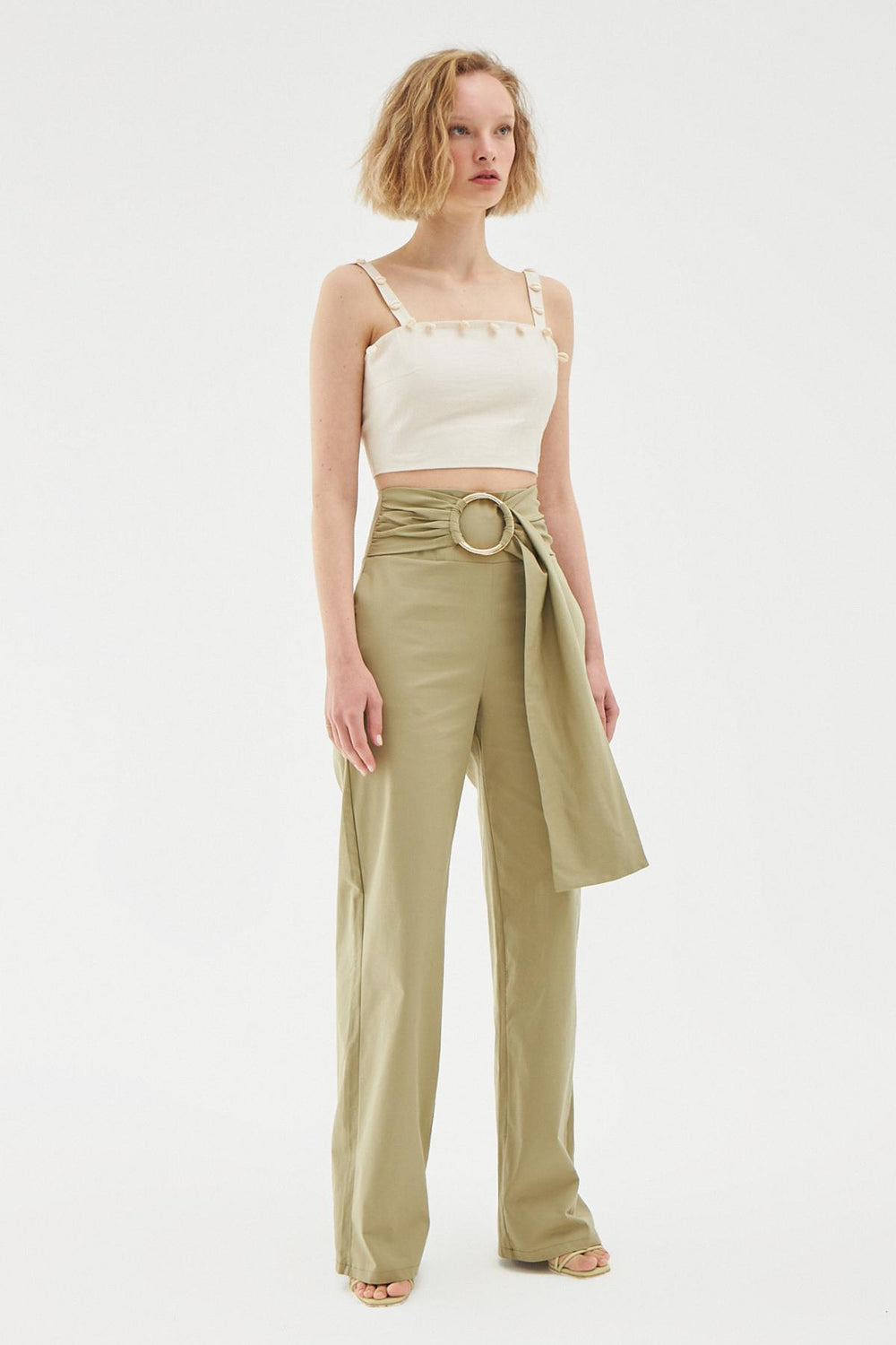 Buckle Detailed High Waist Loose Trousers Khaki
