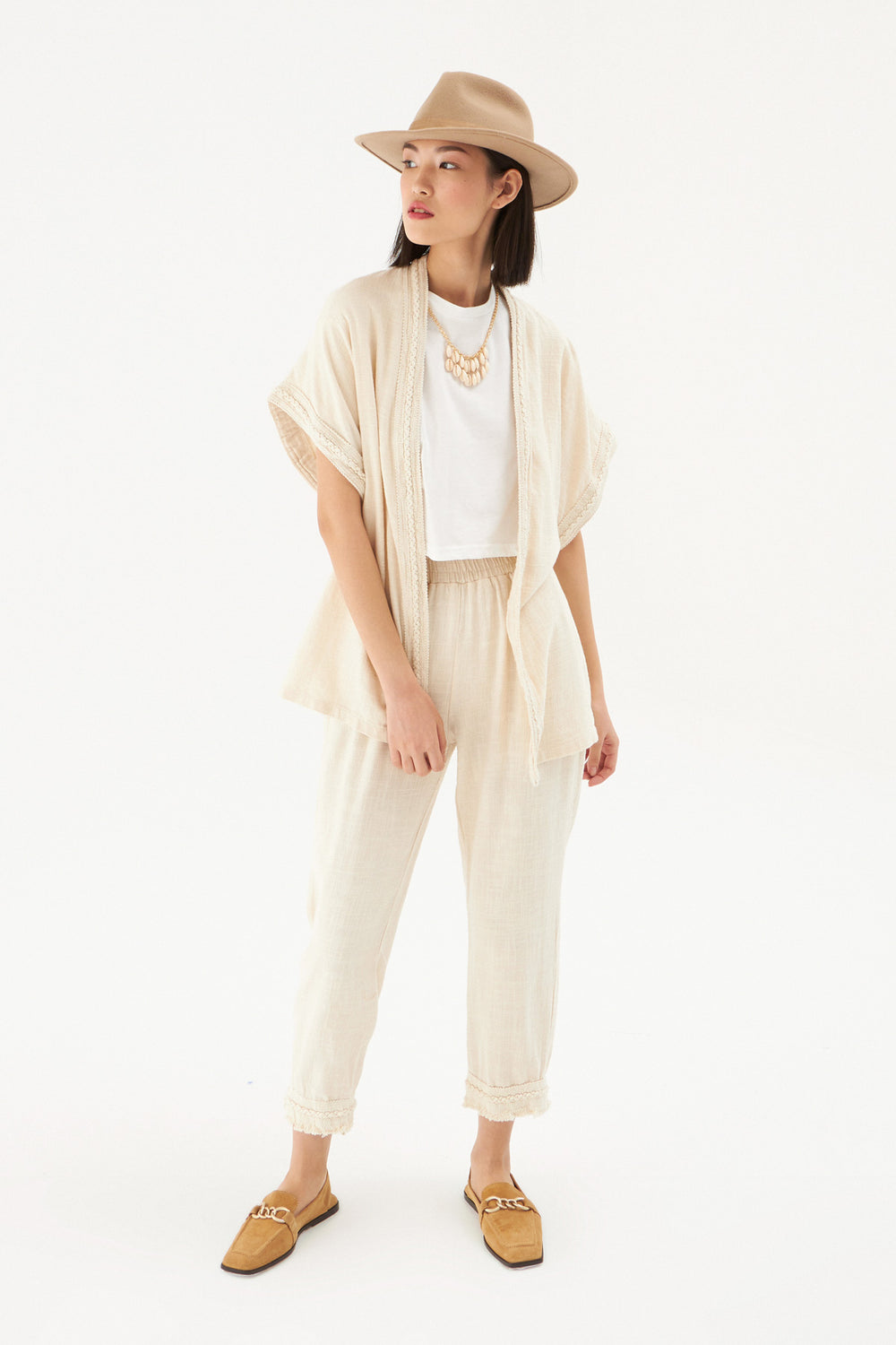 Tasseled Leg Linen Trousers Natural