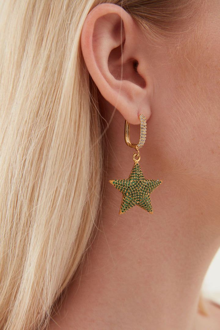 Oval Ring Stone Star Earrings Green