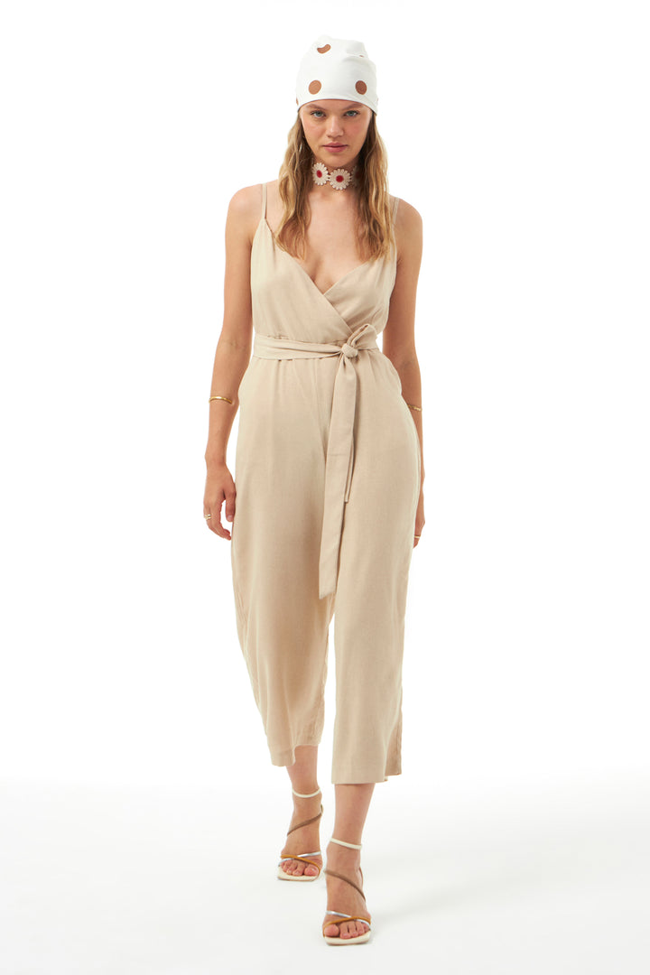 Strap Linen Overalls Beige