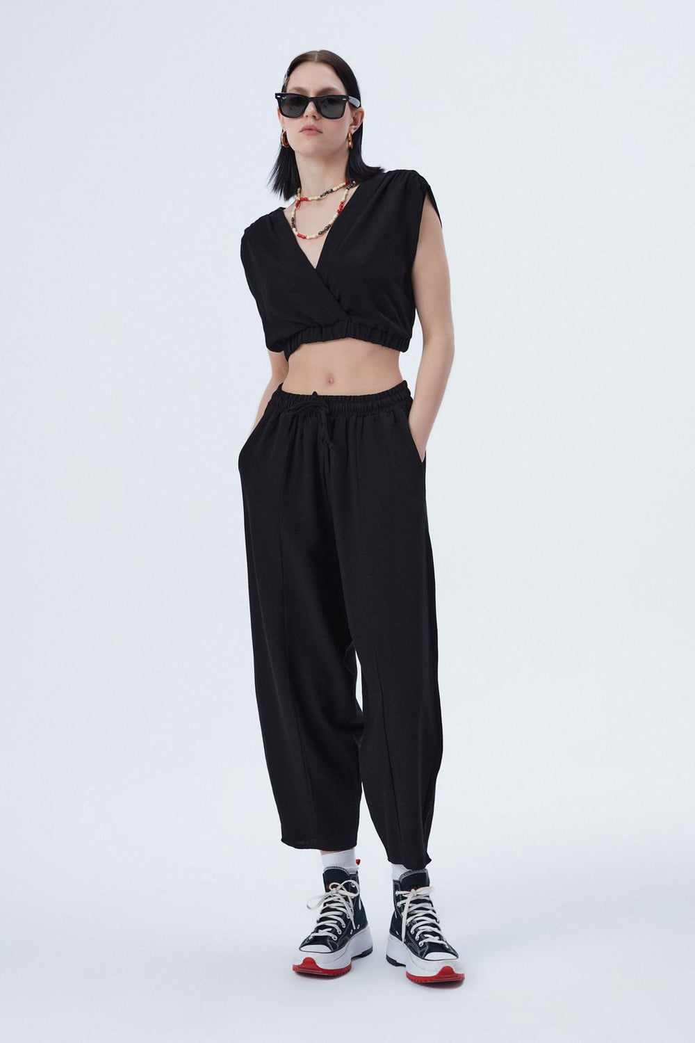 Pleated Off-the-Shoulder Crop Blouse Black